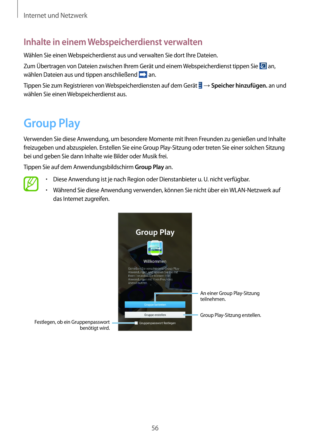 Samsung SM-T3100MKATPH, SM-T3100ZWAXEO Group Play, Inhalte in einem Webspeicherdienst verwalten, Internet und Netzwerk 