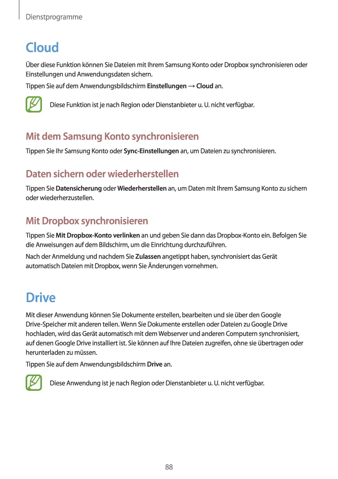 Samsung SM-T3100ZWAITV manual Cloud, Drive, Mit dem Samsung Konto synchronisieren, Daten sichern oder wiederherstellen 