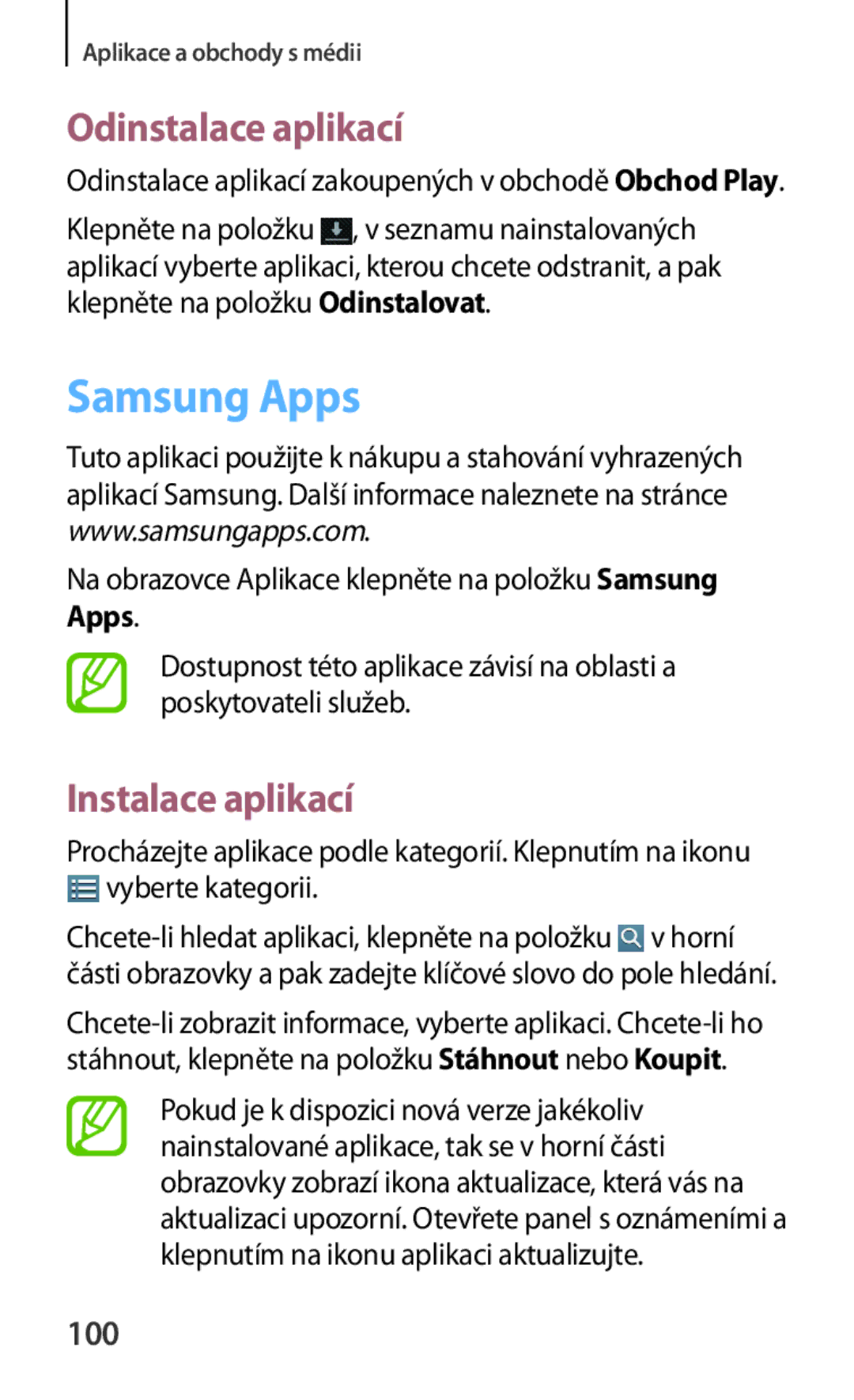 Samsung SM-T3100ZWAATO, SM-T3100ZWAXEO, SM-T3100GNAATO, SM-T3100MKAATO, SM-T3100MKAEUR manual Samsung Apps, Vyberte kategorii 