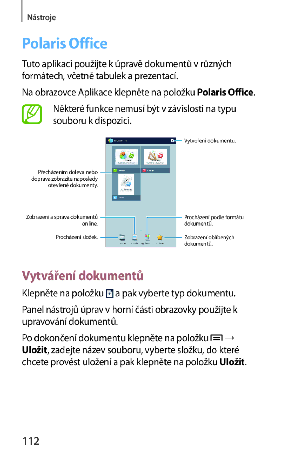 Samsung SM-T3100GNAATO, SM-T3100ZWAXEO, SM-T3100ZWAATO, SM-T3100MKAATO manual Polaris Office, Vytváření dokumentů, 112 