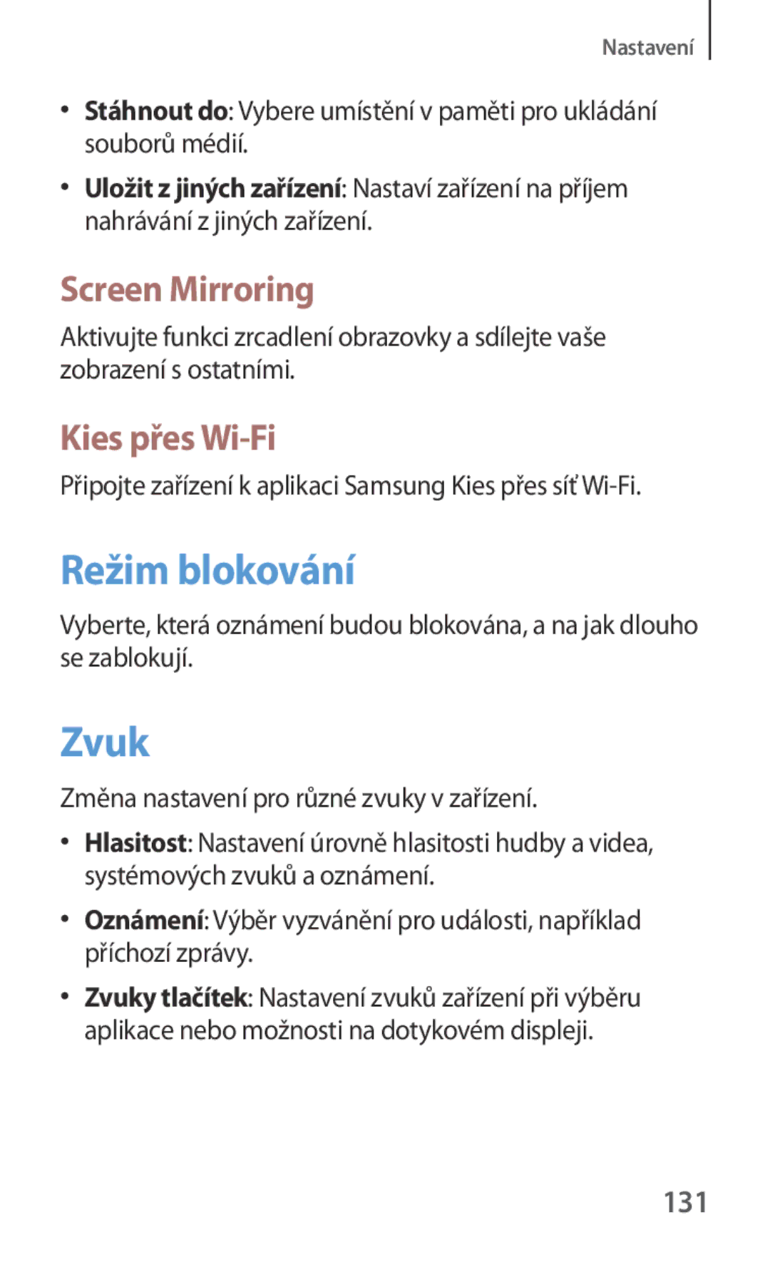 Samsung SM-T3100MKAXEO, SM-T3100ZWAXEO, SM-T3100ZWAATO manual Režim blokování, Zvuk, Screen Mirroring, Kies přes Wi-Fi, 131 