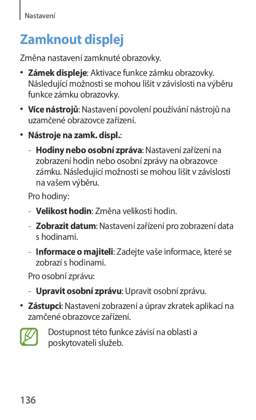 Samsung SM-T3100MKAEUR, SM-T3100ZWAXEO Zamknout displej, 136, Změna nastavení zamknuté obrazovky, Nástroje na zamk. displ 