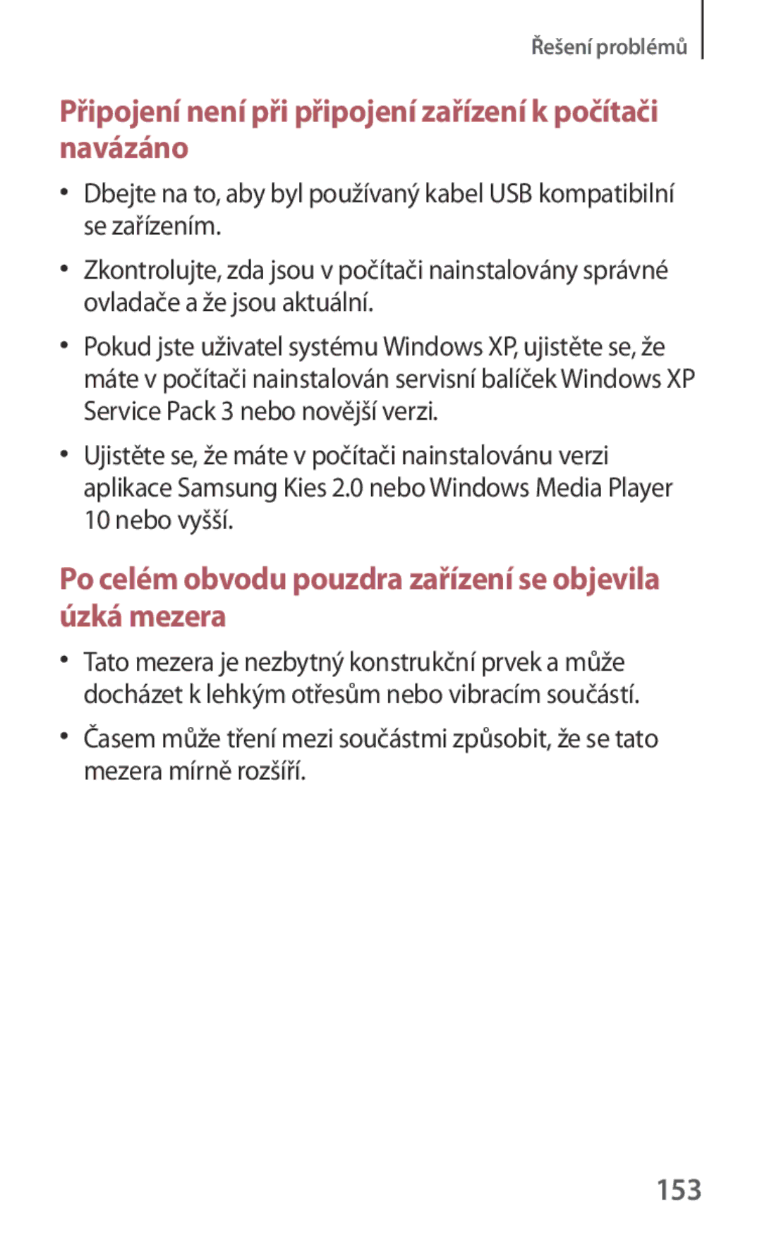 Samsung SM-T3100MKAXEO, SM-T3100ZWAXEO, SM-T3100ZWAATO manual Připojení není při připojení zařízení k počítači navázáno, 153 