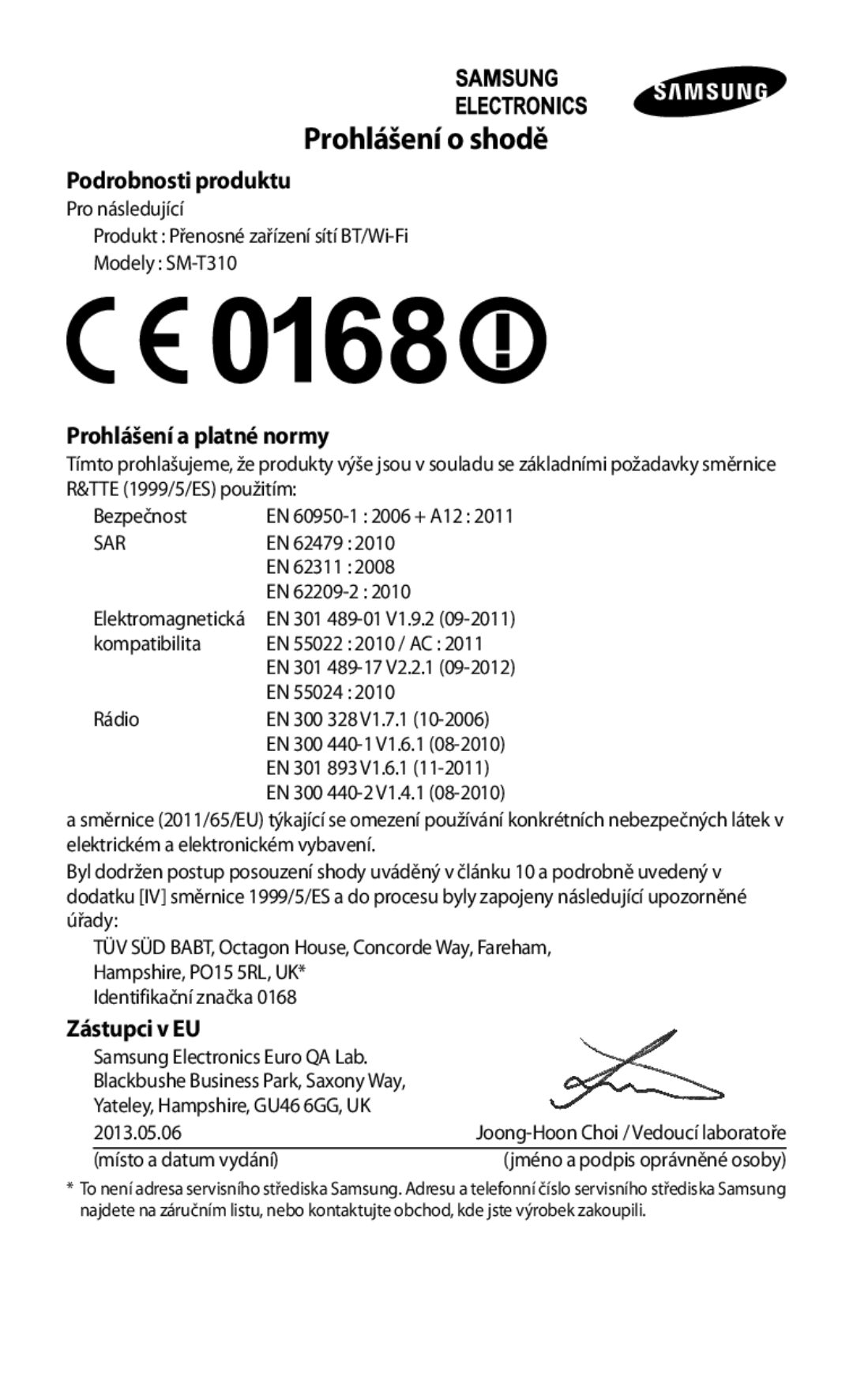 Samsung SM-T3100MKAAUT, SM-T3100ZWAXEO Prohlášení o shodě, Podrobnosti produktu, Prohlášení a platné normy, Zástupci v EU 