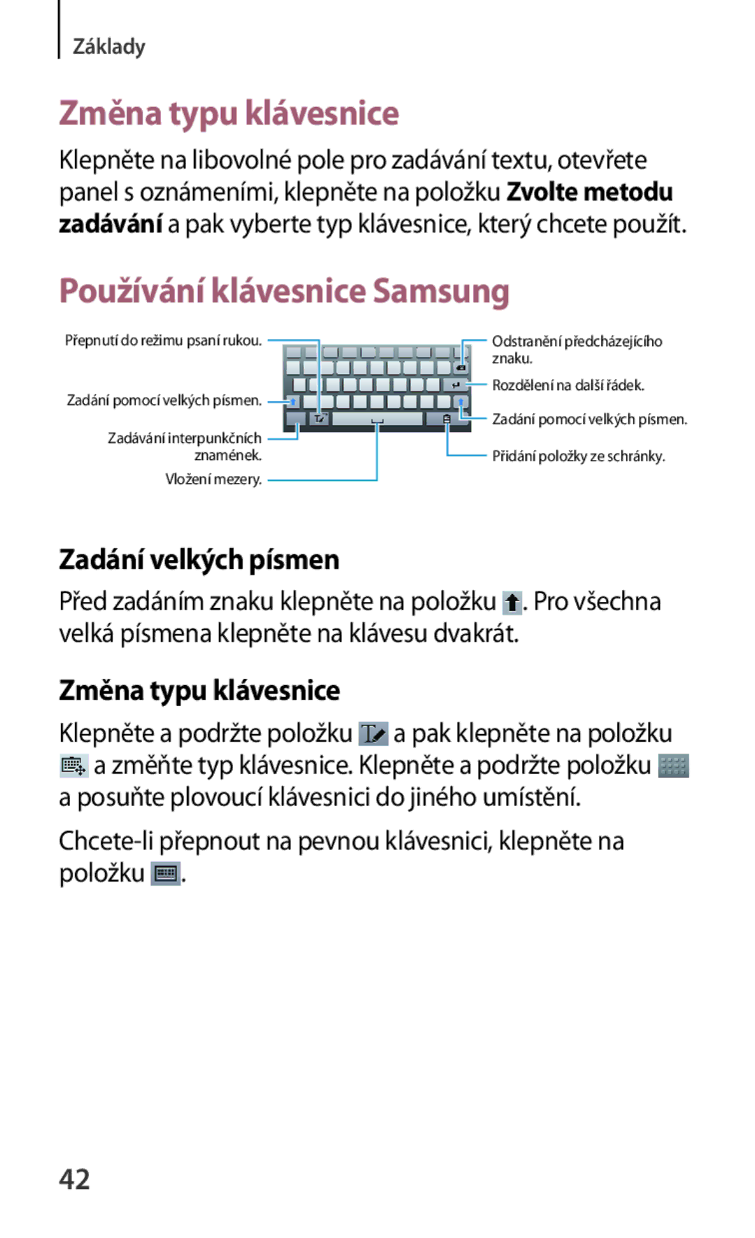 Samsung SM-T3100MKAXSK, SM-T3100ZWAXEO manual Změna typu klávesnice, Používání klávesnice Samsung, Zadání velkých písmen 