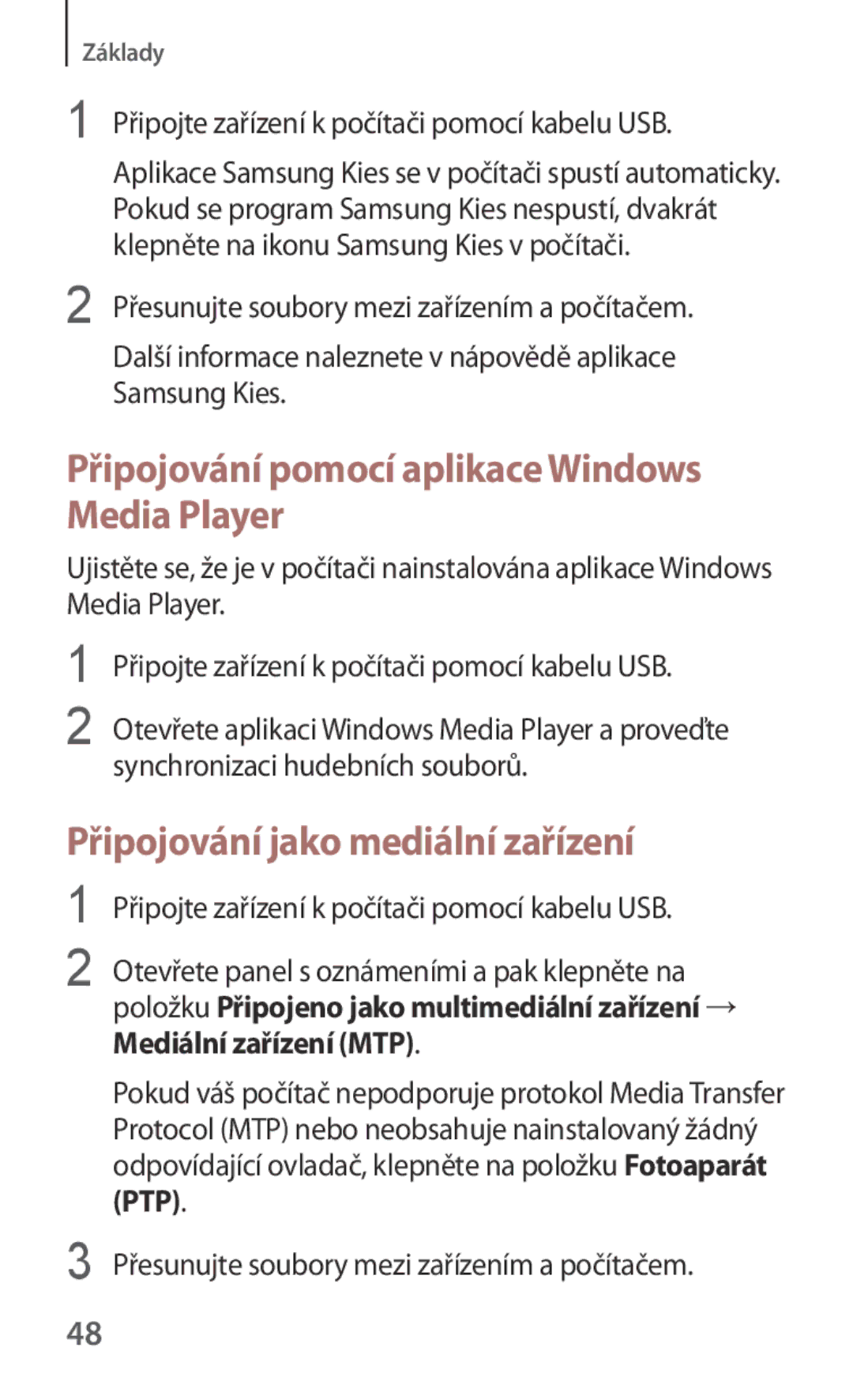 Samsung SM-T3100MKAEUR manual Připojování pomocí aplikace Windows Media Player, Připojování jako mediální zařízení 