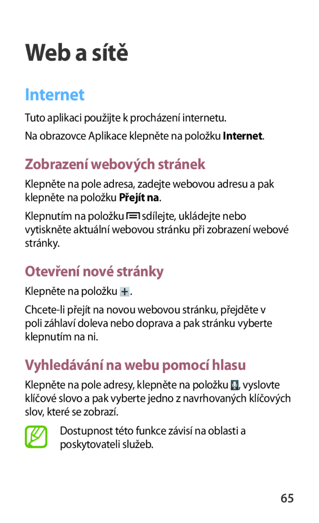 Samsung SM-T3100MKAXEO manual Internet, Zobrazení webových stránek, Otevření nové stránky, Vyhledávání na webu pomocí hlasu 