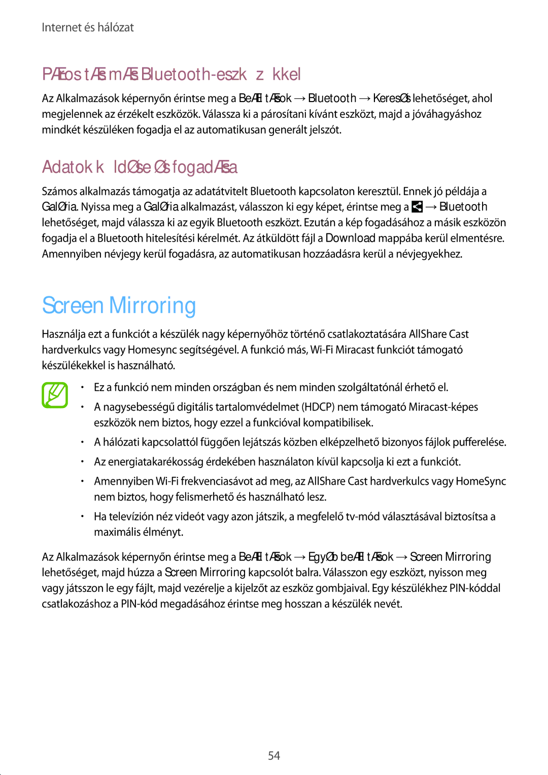 Samsung SM-T3100ZWAROM, SM-T3100ZWAXEO Screen Mirroring, Párosítás más Bluetooth-eszközökkel, Adatok küldése és fogadása 