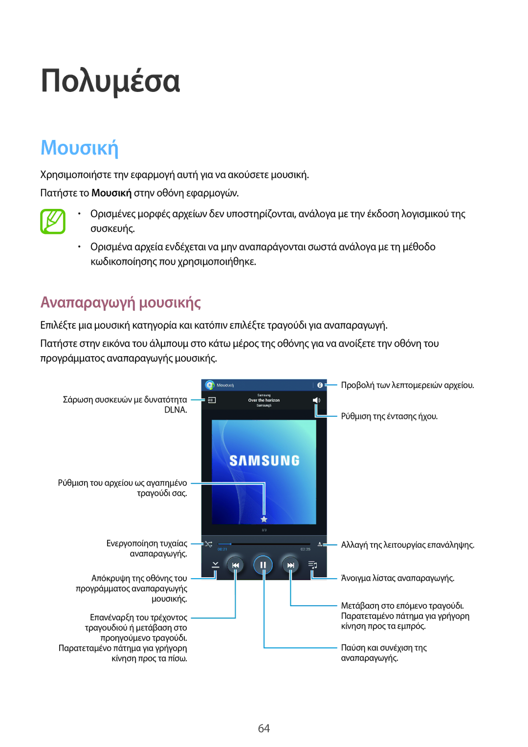 Samsung SM-T3110MKAEUR, SM-T3110GNAEUR, SM-T3110ZWAEUR, SM-T3110ZWACYO manual Πολυμέσα, Μουσική, Αναπαραγωγή μουσικής 