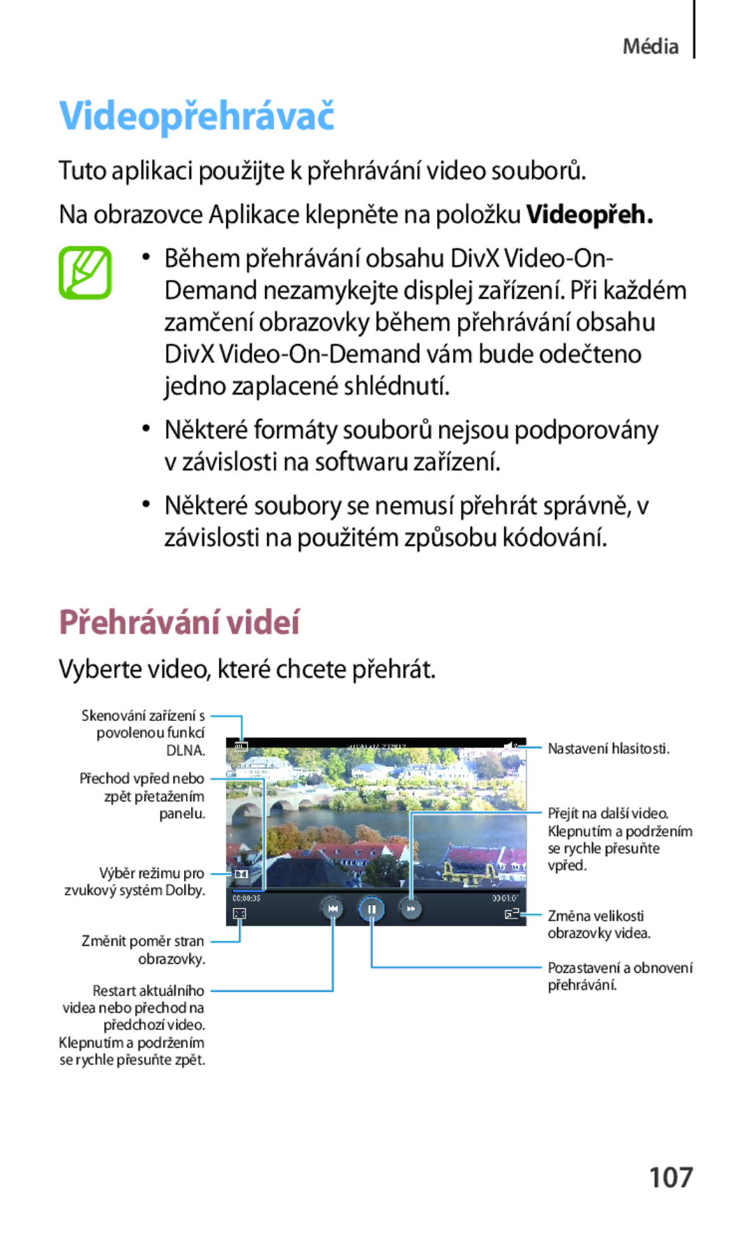 Samsung SM-T3110MKAATO, SM-T3110ZWAATO manual Videopřehrávač, 107, Tuto aplikaci použijte k přehrávání video souborů 