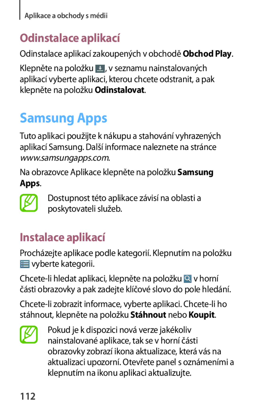 Samsung SM-T3110GNAROM, SM-T3110MKAATO 112, Na obrazovce Aplikace klepněte na položku Samsung Apps, Vyberte kategorii 