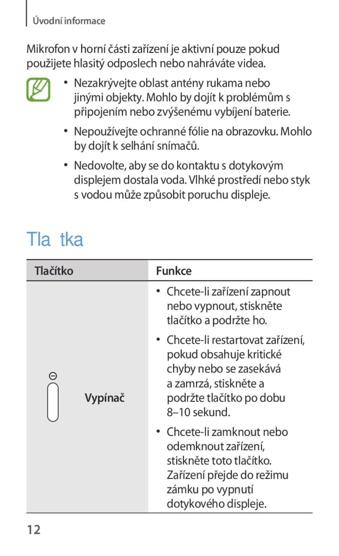 Samsung SM-T3110ZWAXEO, SM-T3110MKAATO manual Tlačítka, TlačítkoFunkce, Vypínač podržte tlačítko po dobu 8-10 sekund 