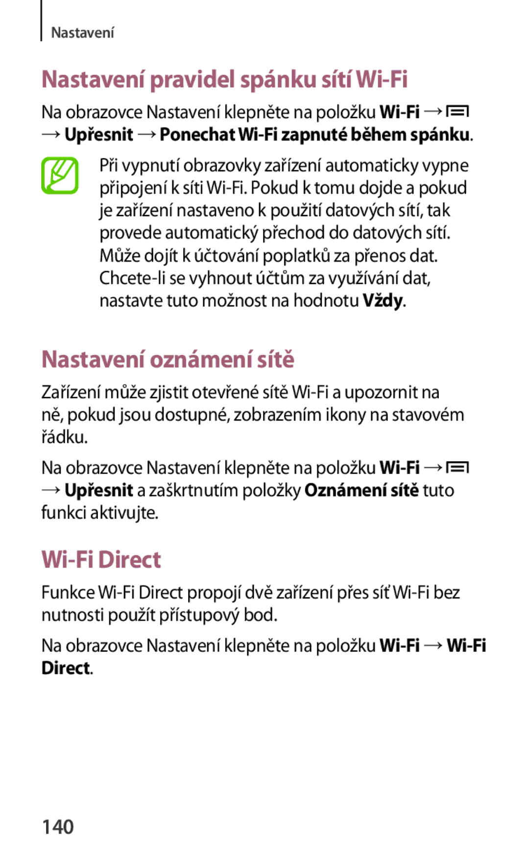 Samsung SM-T3110ZWAXEZ, SM-T3110MKAATO Nastavení pravidel spánku sítí Wi-Fi, Nastavení oznámení sítě, Wi-Fi Direct, 140 