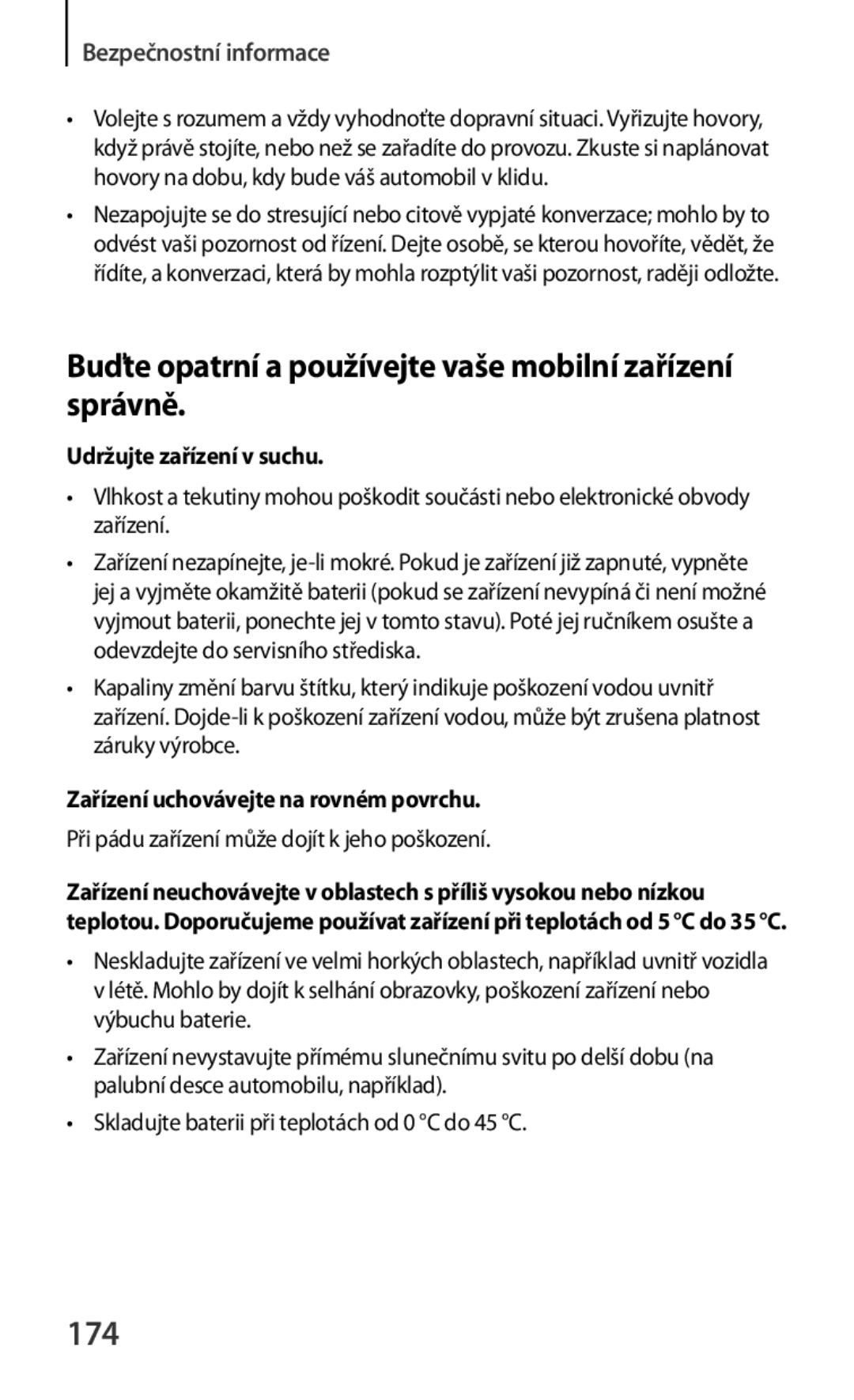 Samsung SM-T3110ZWAXEO manual Buďte opatrní a používejte vaše mobilní zařízení správně, 174, Udržujte zařízení v suchu 