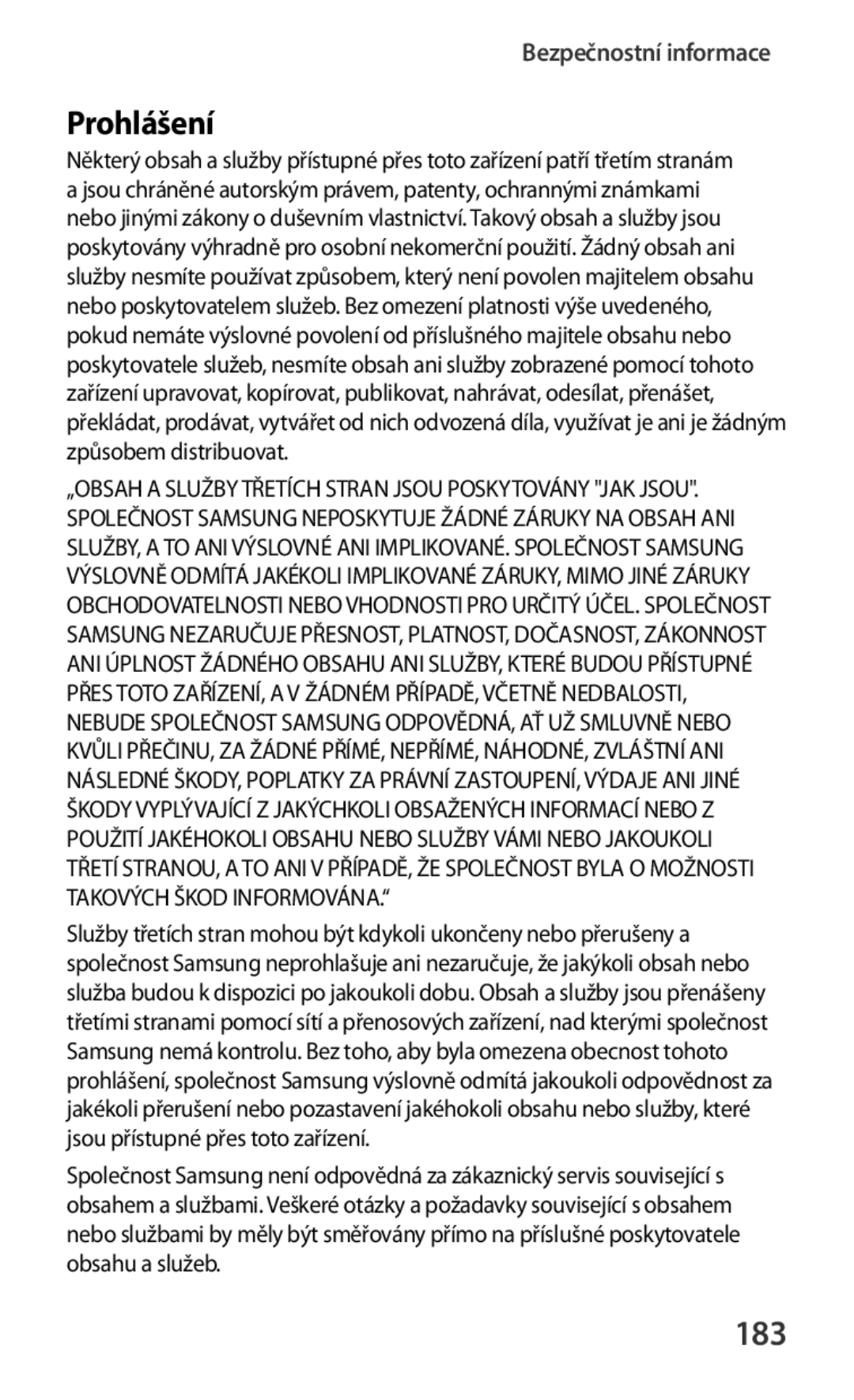 Samsung SM-T3110ZWAXEO, SM-T3110MKAATO, SM-T3110ZWAATO, SM-T3110GNAATO, SM-T3110GNAEUR, SM-T3110GNAROM manual Prohlášení, 183 