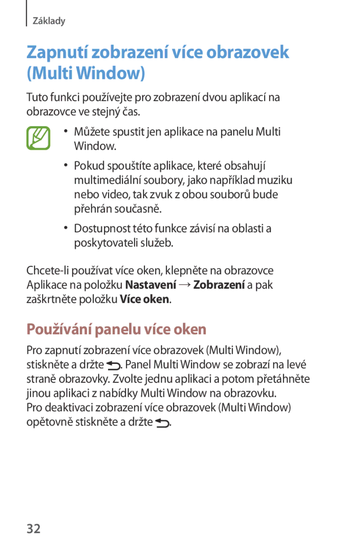 Samsung SM-T3110ZWAXEZ, SM-T3110MKAATO manual Zapnutí zobrazení více obrazovek Multi Window, Používání panelu více oken 