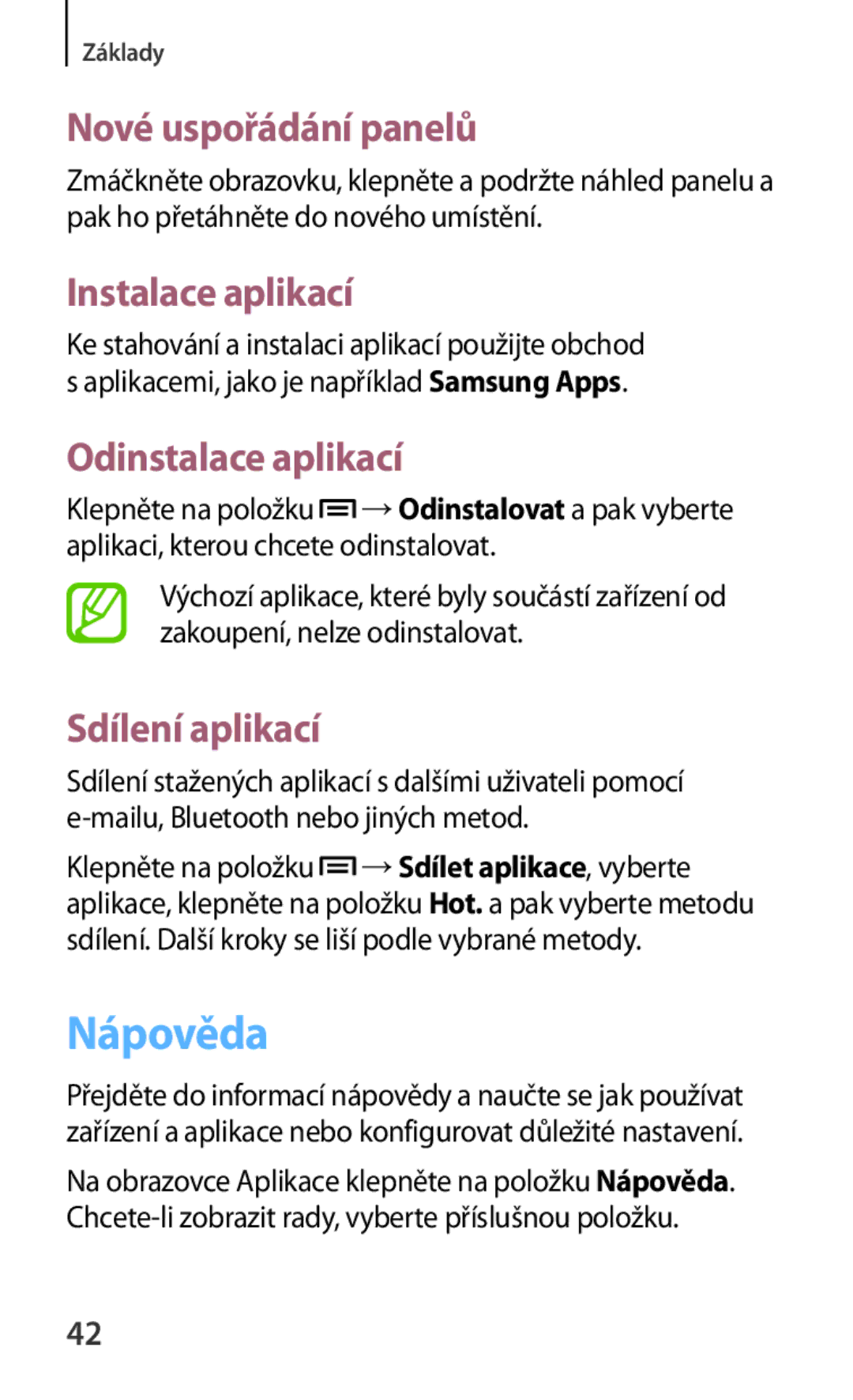 Samsung SM-T3110ZWAXSK, SM-T3110MKAATO, SM-T3110ZWAATO Nápověda, Instalace aplikací, Odinstalace aplikací, Sdílení aplikací 