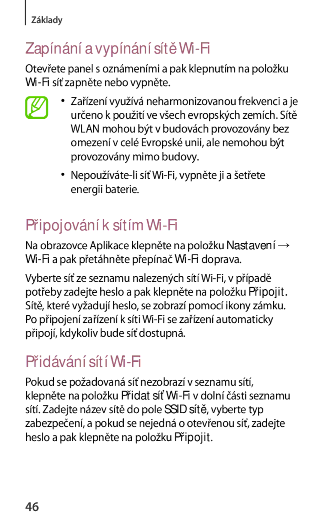 Samsung SM-T3110GNAATO, SM-T3110MKAATO Zapínání a vypínání sítě Wi-Fi, Připojování k sítím Wi-Fi, Přidávání sítí Wi-Fi 