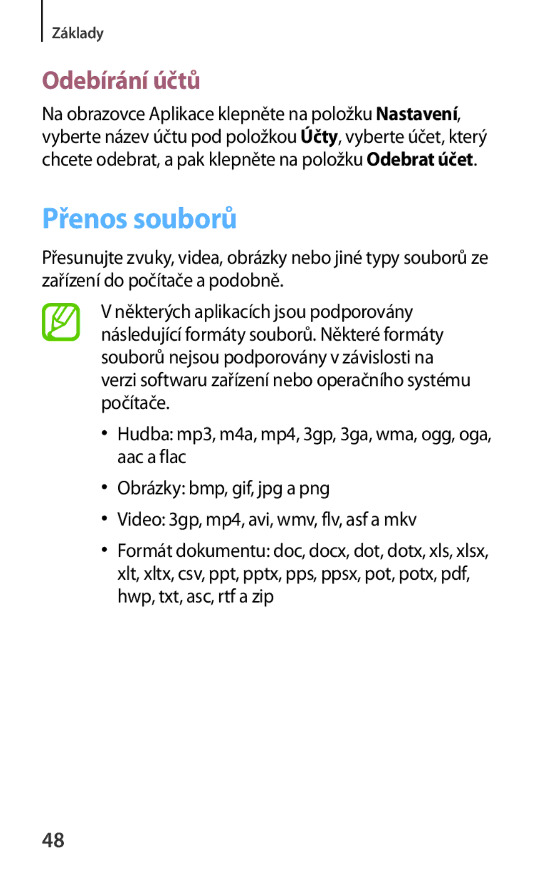 Samsung SM-T3110ZWAXEO, SM-T3110MKAATO, SM-T3110ZWAATO, SM-T3110GNAATO, SM-T3110GNAEUR manual Přenos souborů, Odebírání účtů 