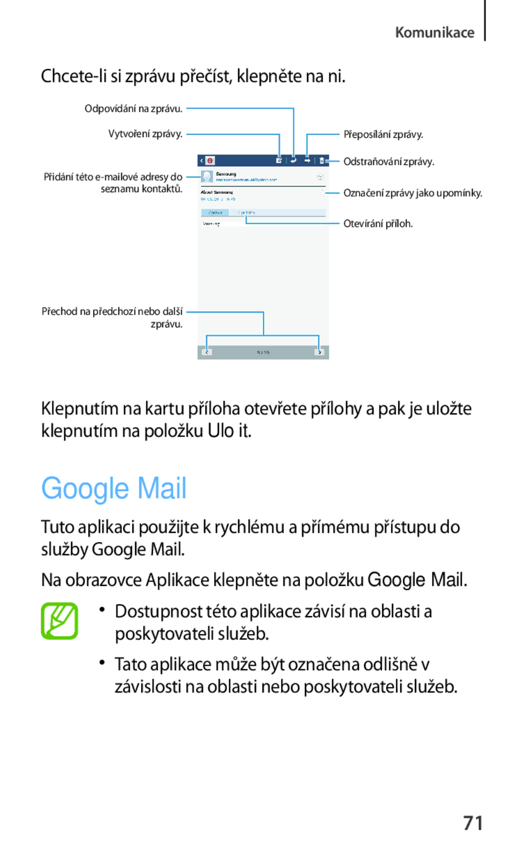 Samsung SM-T3110MKAATO, SM-T3110ZWAATO, SM-T3110GNAATO manual Google Mail, Chcete-li si zprávu přečíst, klepněte na ni 