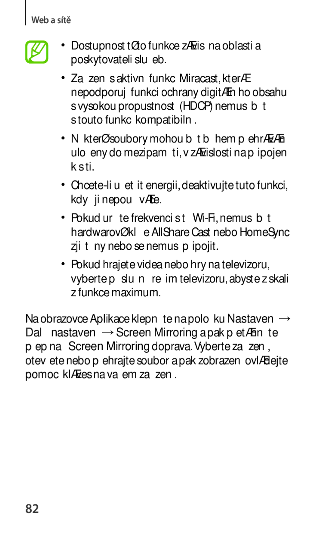 Samsung SM-T3110GNAATO, SM-T3110MKAATO, SM-T3110ZWAATO, SM-T3110GNAEUR, SM-T3110ZWAXEO, SM-T3110GNAROM manual Web a sítě 