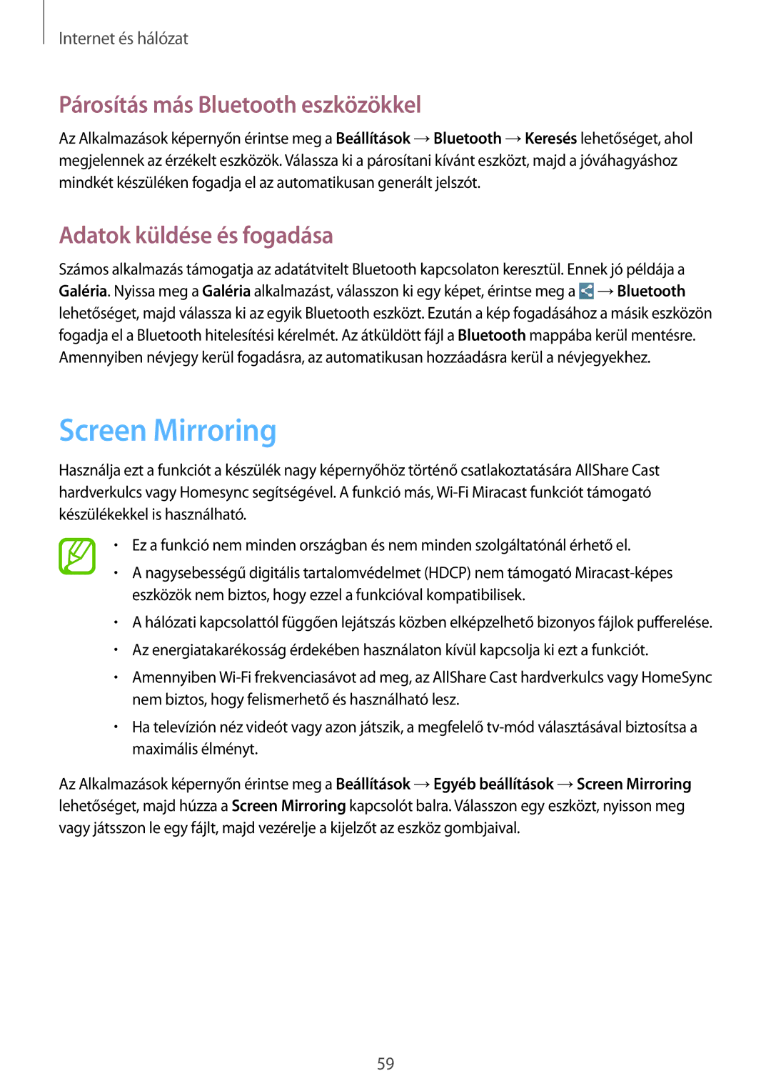 Samsung SM-T3110ZWAXEH, SM-T3110MKAATO Screen Mirroring, Párosítás más Bluetooth eszközökkel, Adatok küldése és fogadása 