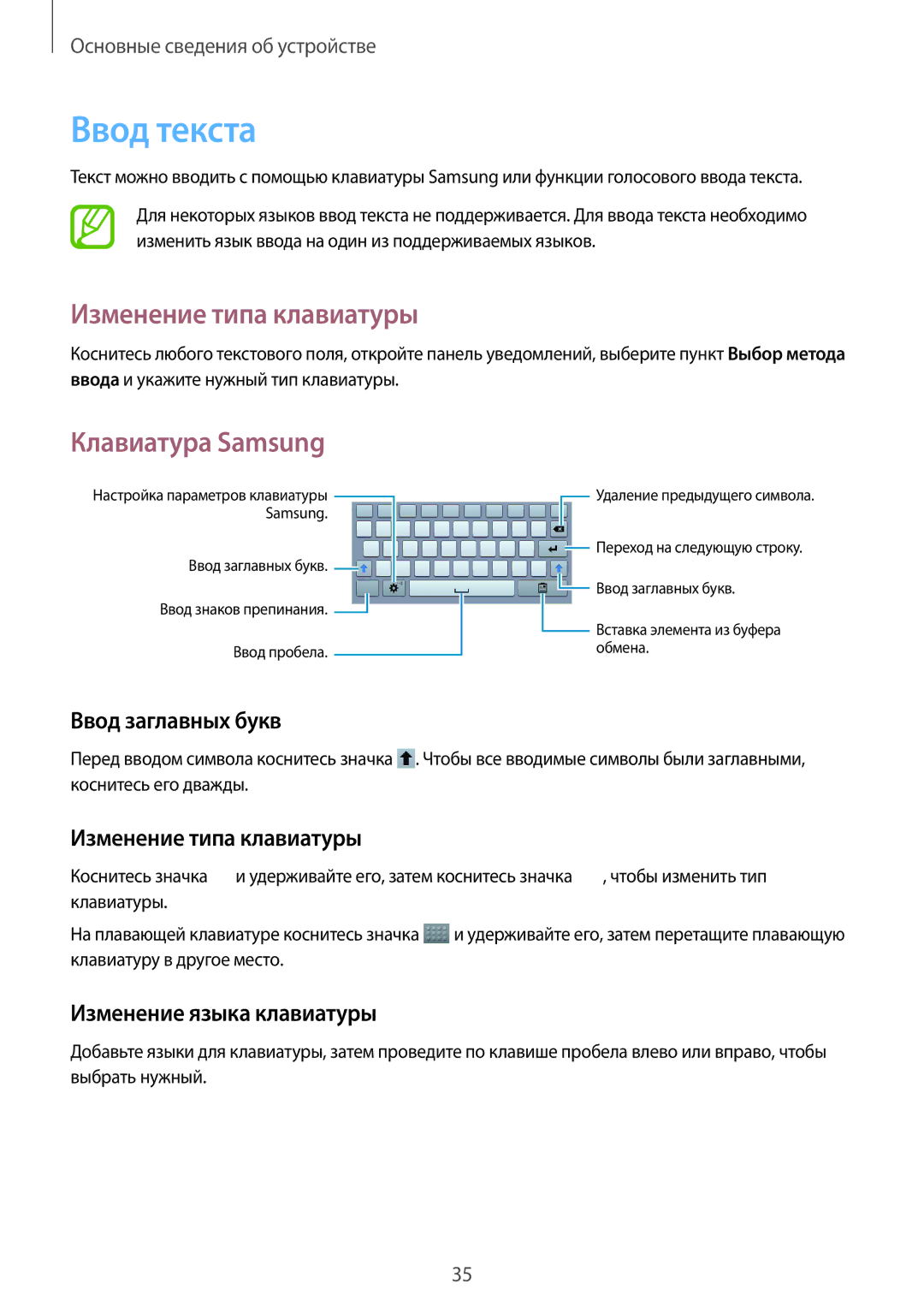 Samsung SM-T3110GRASER, SM-T3110MKASEB, SM-T3110ZWASEB manual Ввод текста, Изменение типа клавиатуры, Клавиатура Samsung 