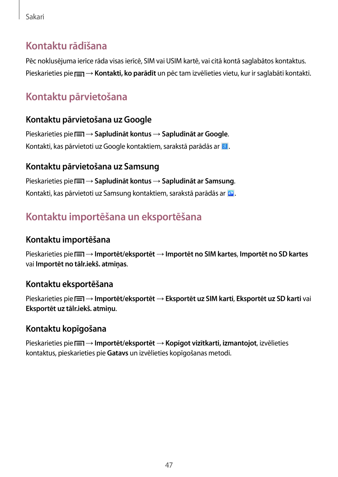 Samsung SM-T3110ZWASEB, SM-T3110MKASEB manual Kontaktu rādīšana, Kontaktu pārvietošana, Kontaktu importēšana un eksportēšana 