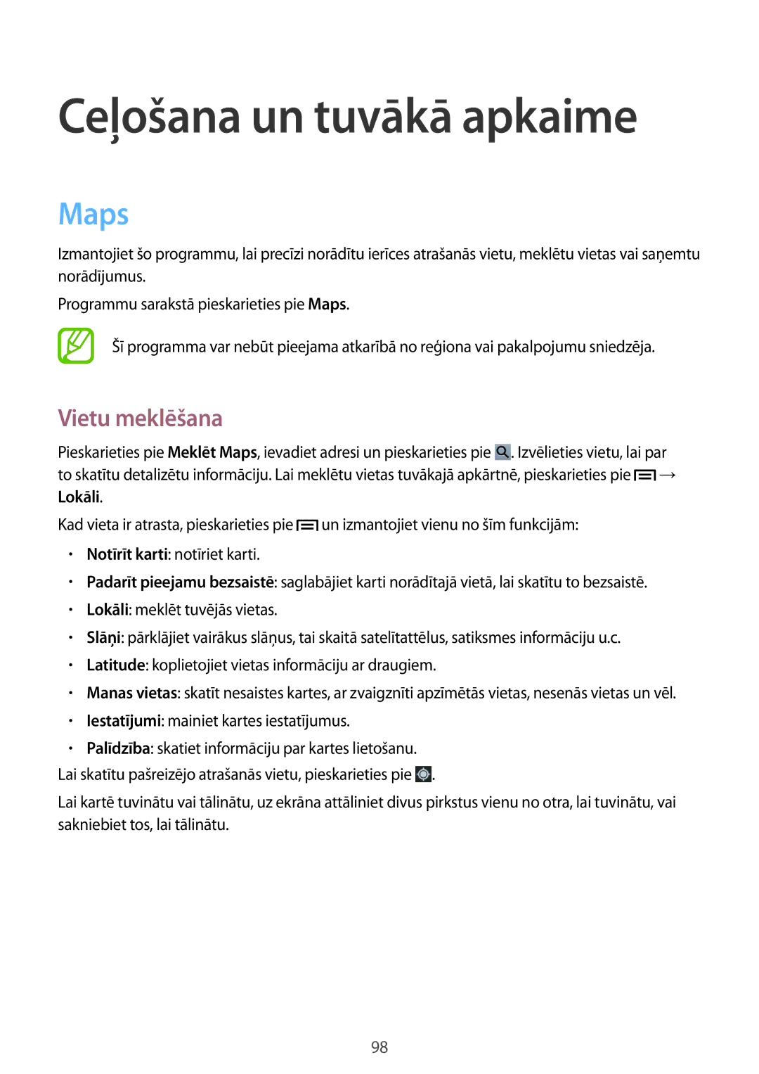 Samsung SM-T3110MKASEB, SM-T3110ZWASEB manual Ceļošana un tuvākā apkaime, Maps, Vietu meklēšana 