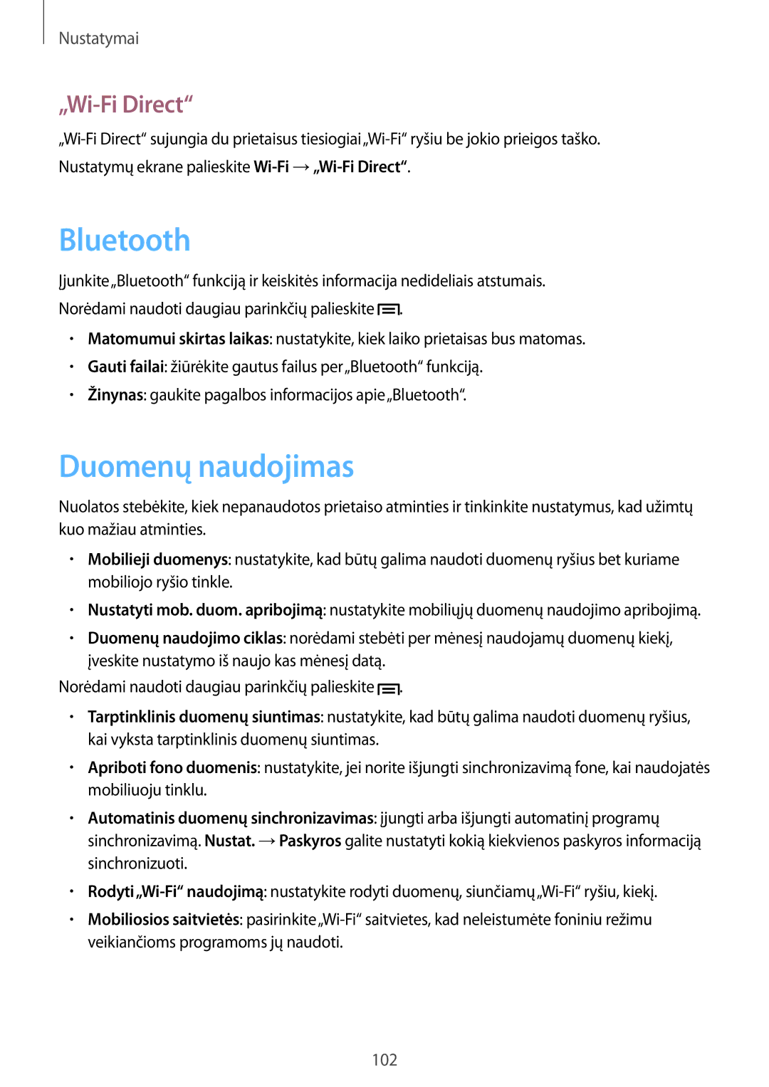 Samsung SM-T3110MKASEB, SM-T3110ZWASEB manual Bluetooth, Duomenų naudojimas, „Wi-Fi Direct 