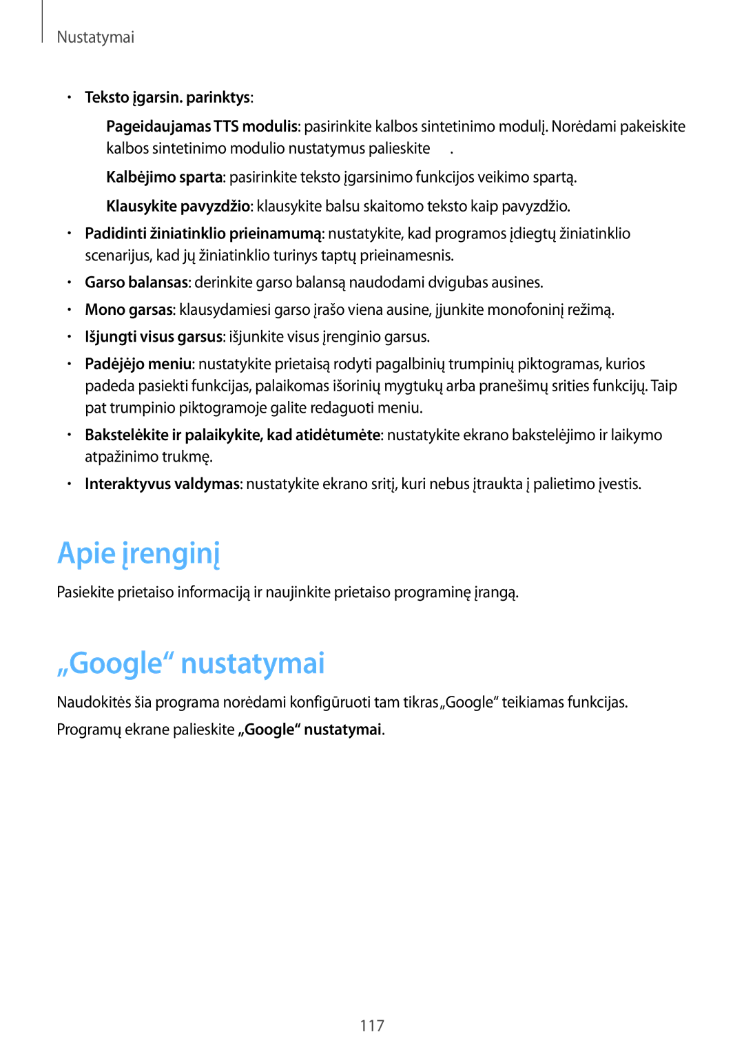 Samsung SM-T3110ZWASEB, SM-T3110MKASEB manual Apie įrenginį, „Google nustatymai, Teksto įgarsin. parinktys 