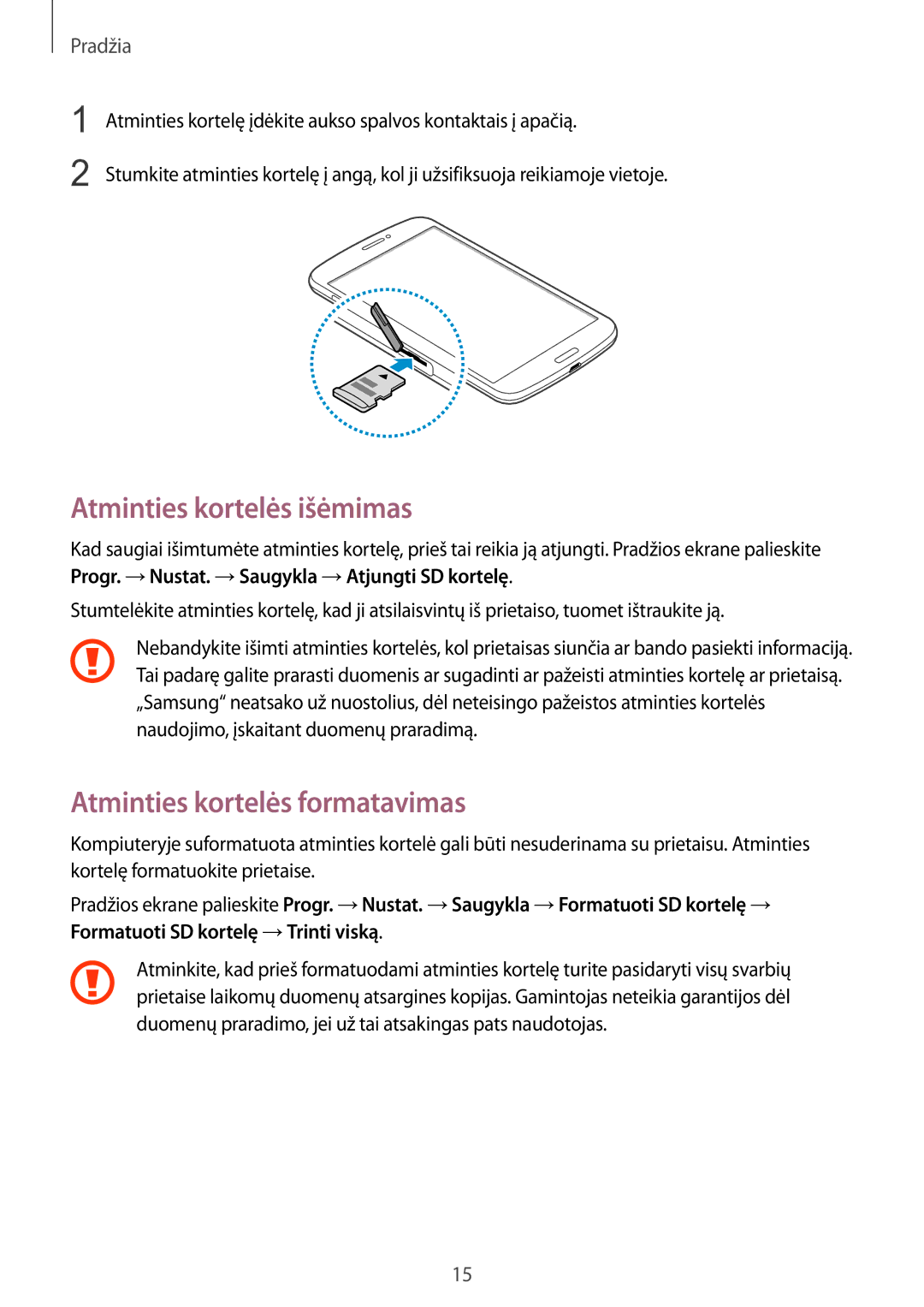 Samsung SM-T3110ZWASEB, SM-T3110MKASEB manual Atminties kortelės išėmimas, Atminties kortelės formatavimas 