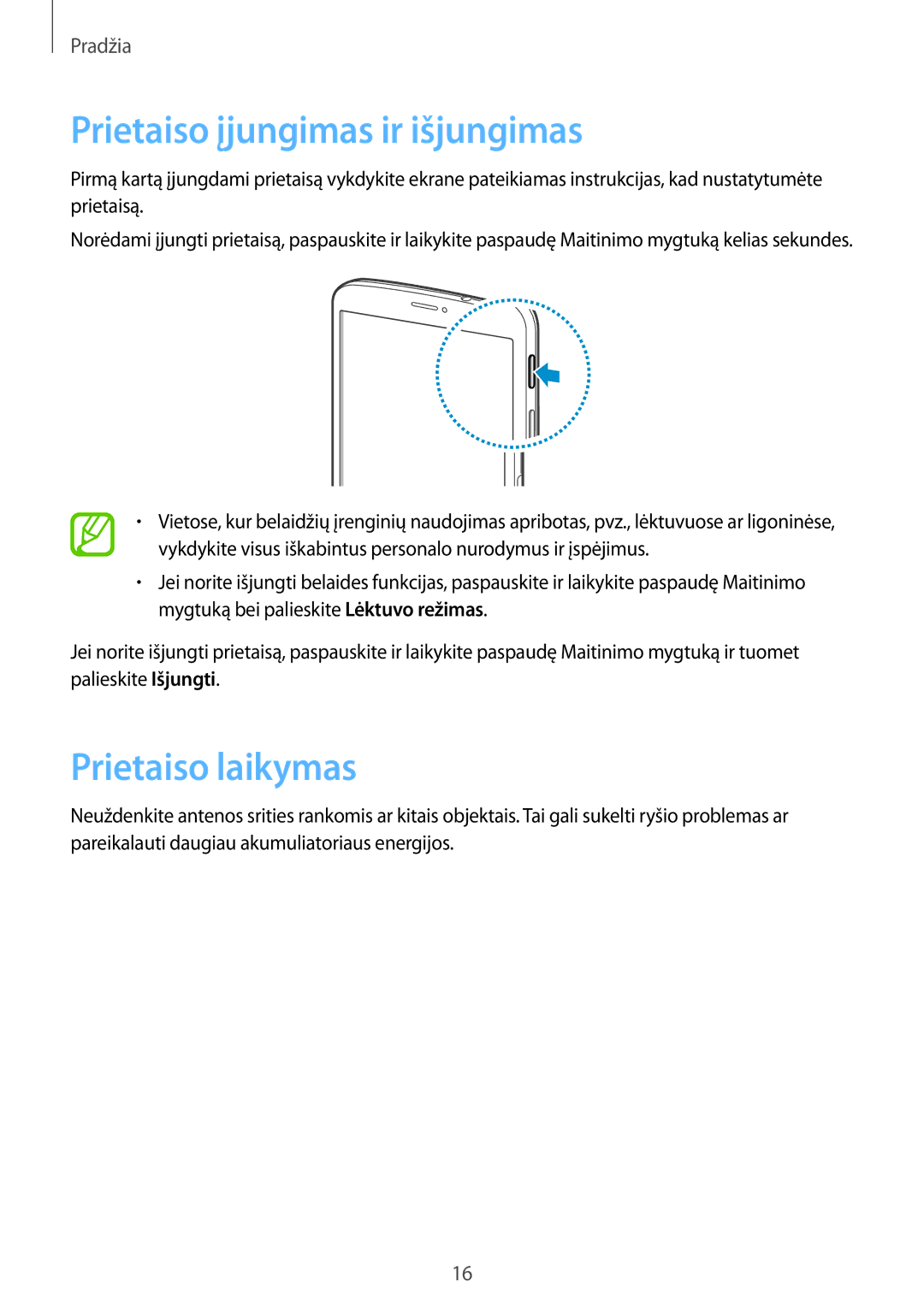 Samsung SM-T3110MKASEB, SM-T3110ZWASEB manual Prietaiso įjungimas ir išjungimas, Prietaiso laikymas 