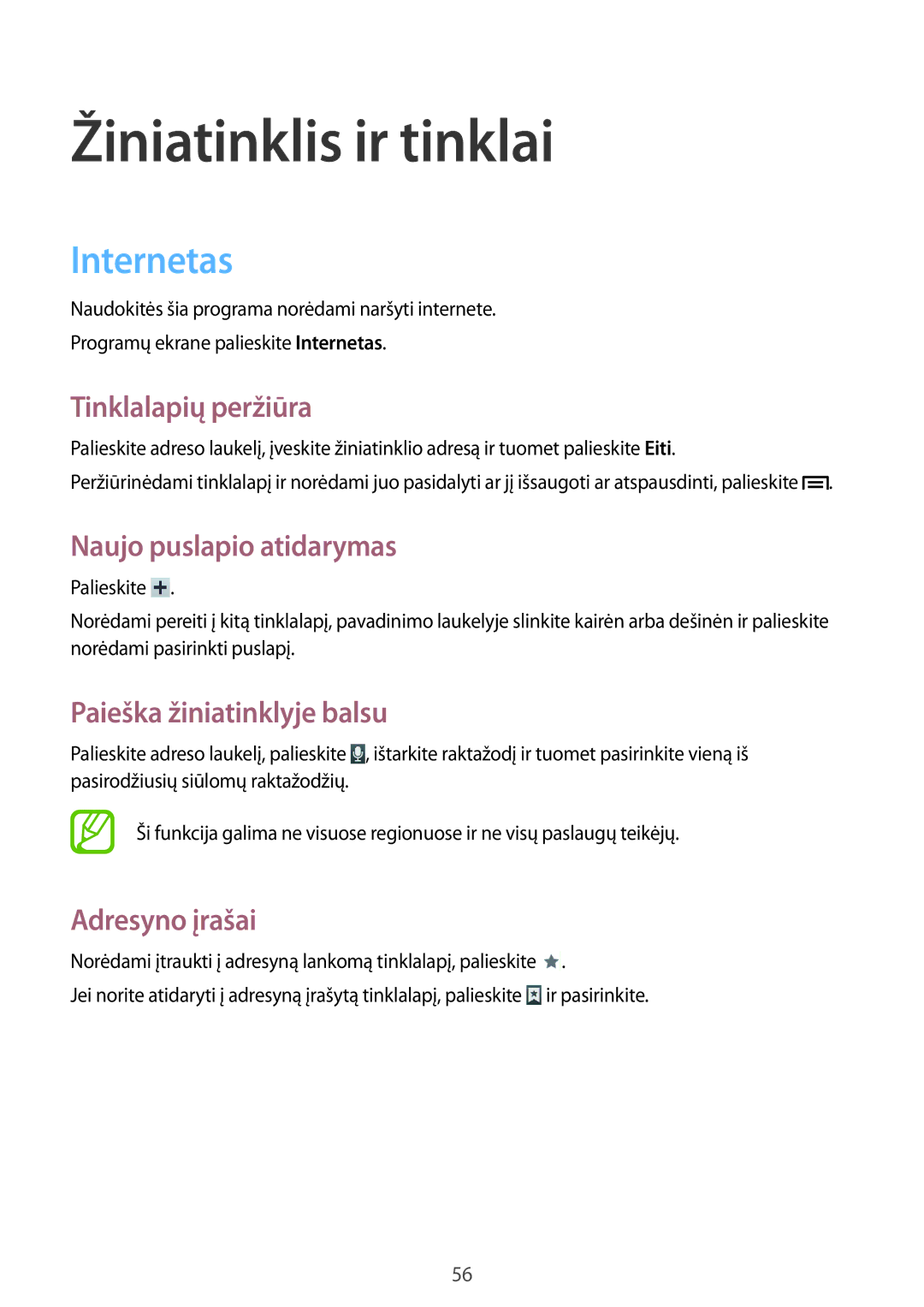 Samsung SM-T3110MKASEB manual Internetas, Tinklalapių peržiūra, Naujo puslapio atidarymas, Paieška žiniatinklyje balsu 