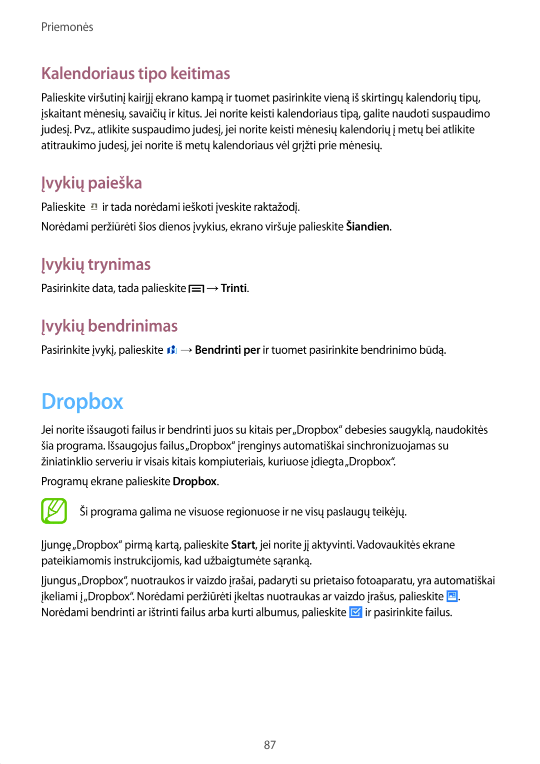 Samsung SM-T3110ZWASEB manual Dropbox, Kalendoriaus tipo keitimas, Įvykių paieška, Įvykių trynimas, Įvykių bendrinimas 