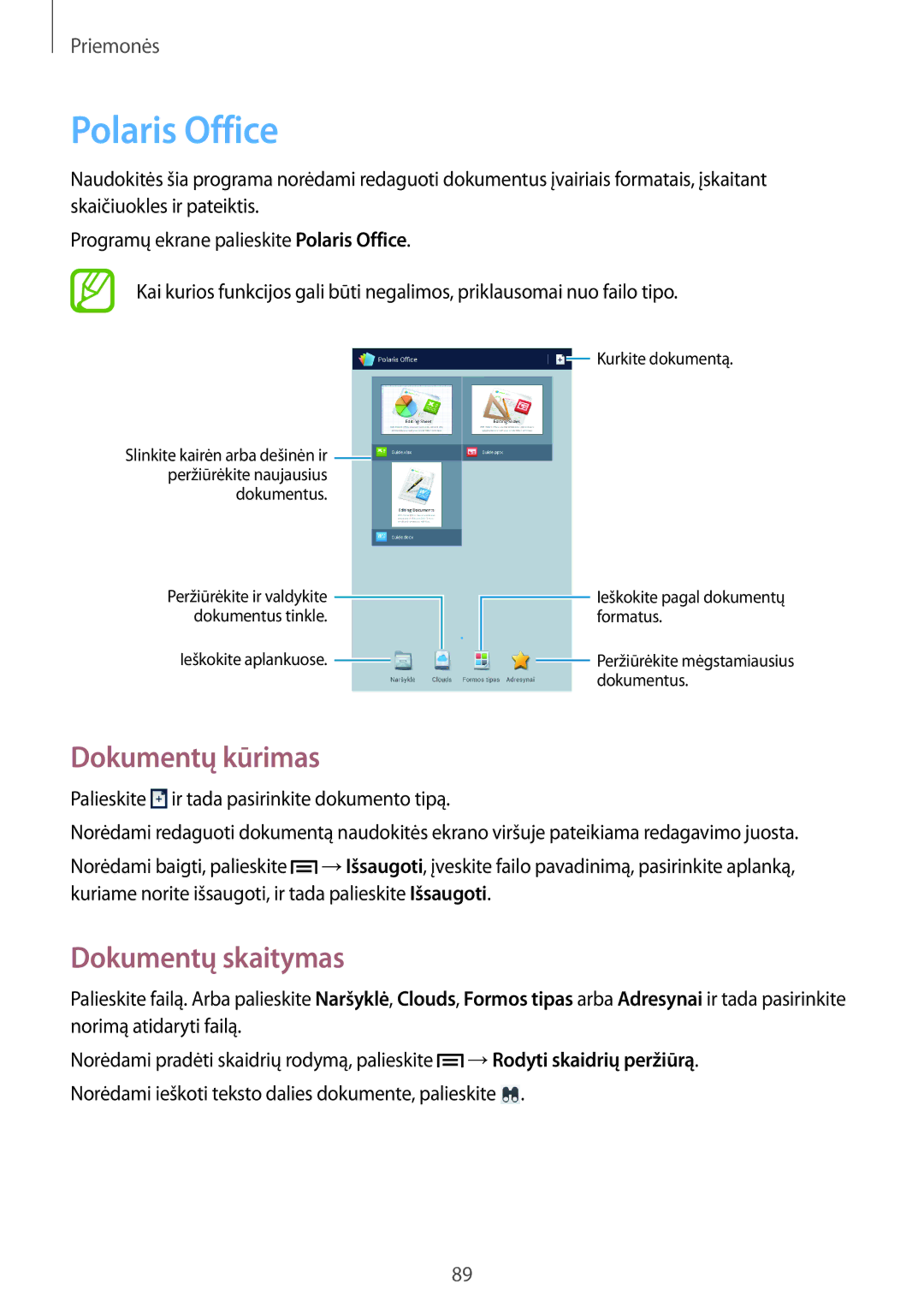 Samsung SM-T3110ZWASEB, SM-T3110MKASEB manual Polaris Office, Dokumentų kūrimas, Dokumentų skaitymas 
