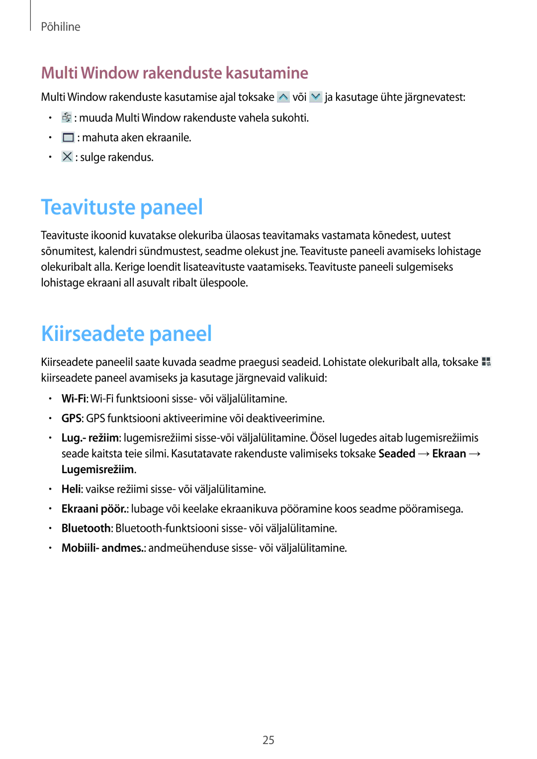 Samsung SM-T3110ZWASEB, SM-T3110MKASEB manual Teavituste paneel, Kiirseadete paneel, Multi Window rakenduste kasutamine 