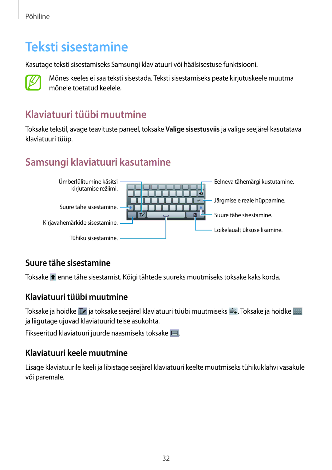 Samsung SM-T3110MKASEB, SM-T3110ZWASEB Teksti sisestamine, Klaviatuuri tüübi muutmine, Samsungi klaviatuuri kasutamine 