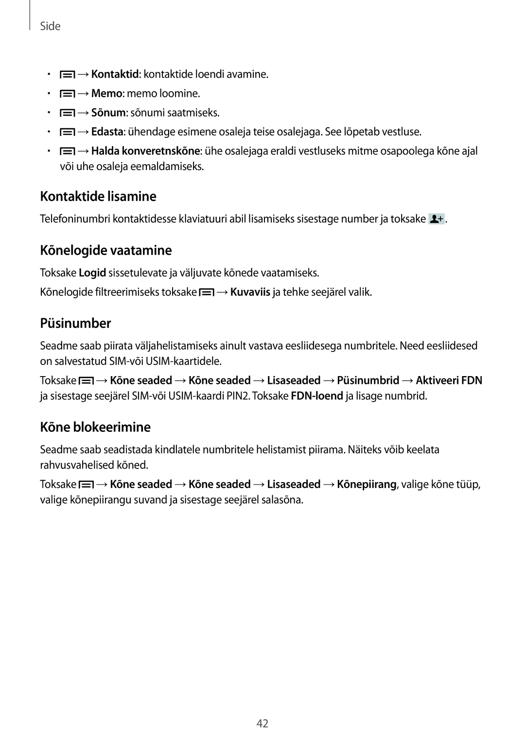 Samsung SM-T3110MKASEB, SM-T3110ZWASEB manual Kontaktide lisamine, Kõnelogide vaatamine, Püsinumber, Kõne blokeerimine 