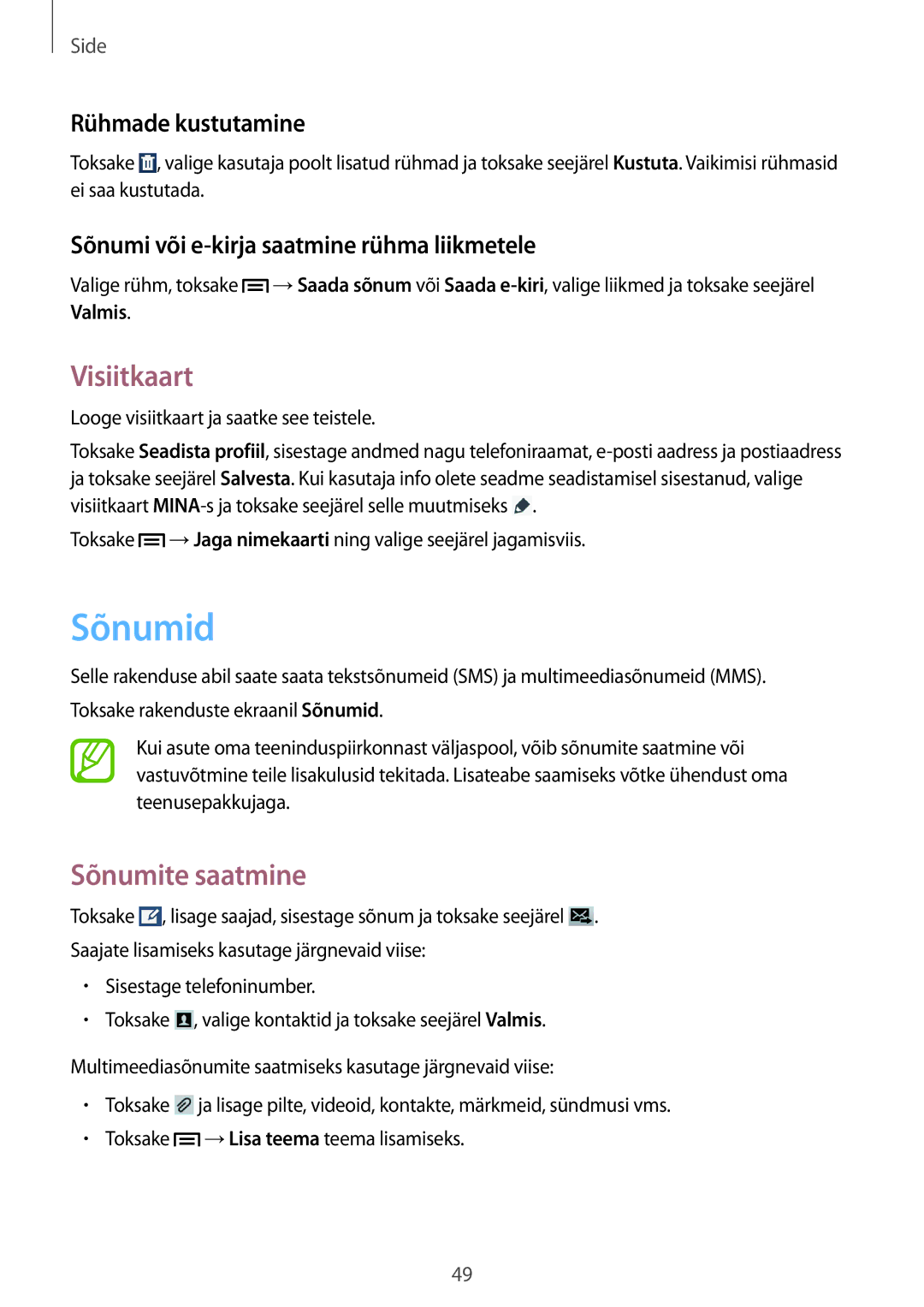 Samsung SM-T3110ZWASEB, SM-T3110MKASEB manual Sõnumid, Visiitkaart, Sõnumite saatmine, Rühmade kustutamine 