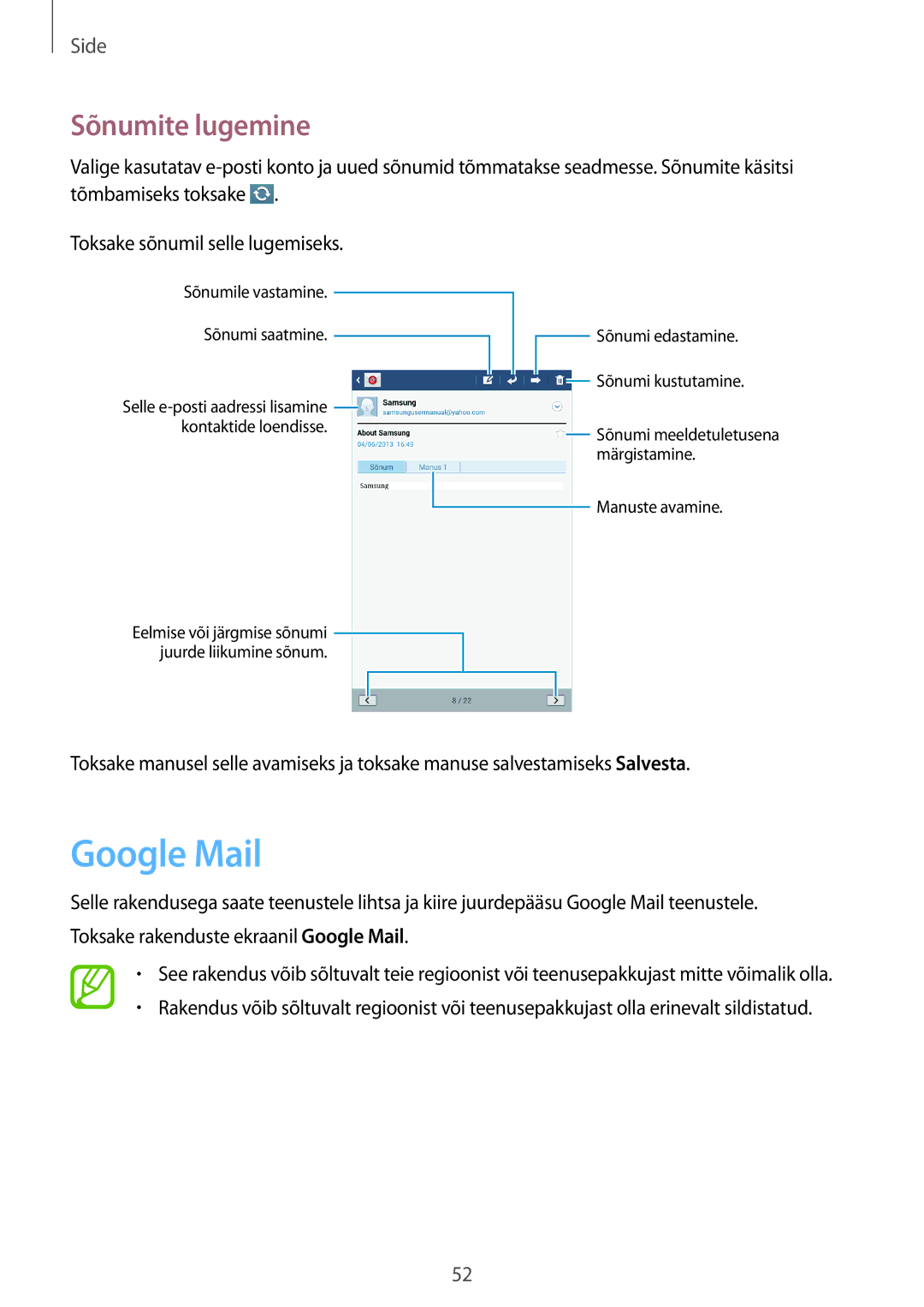 Samsung SM-T3110MKASEB, SM-T3110ZWASEB manual Google Mail, Sõnumite lugemine 