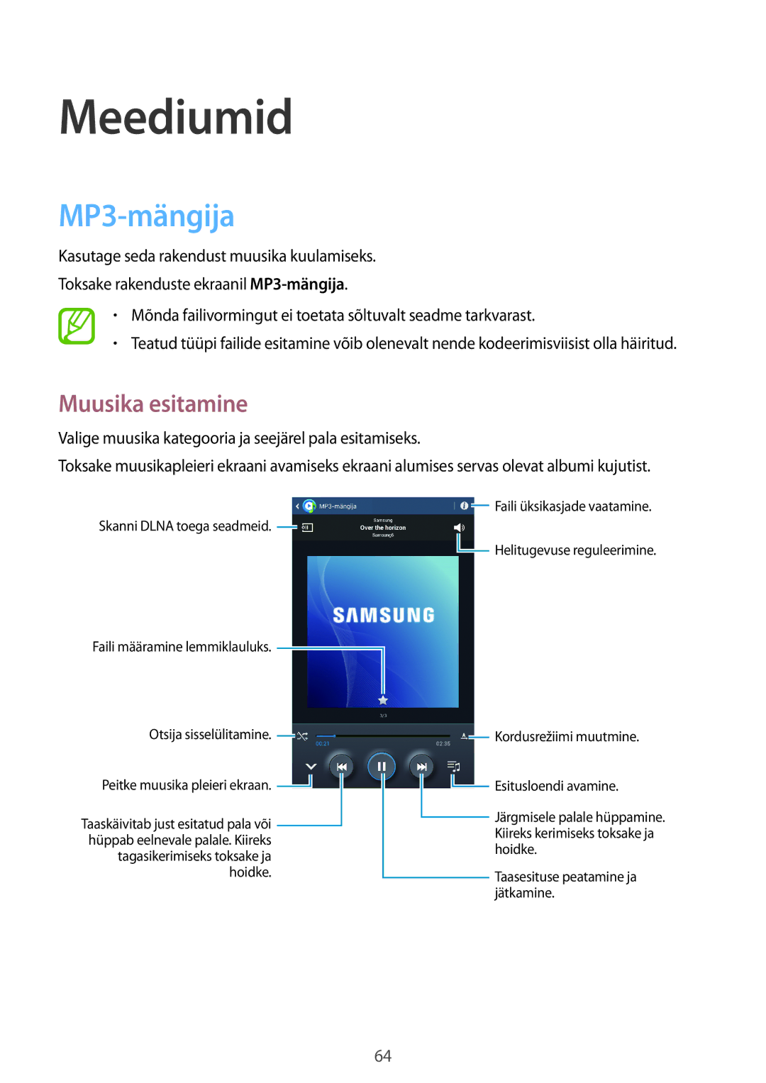 Samsung SM-T3110MKASEB, SM-T3110ZWASEB manual Meediumid, MP3-mängija, Muusika esitamine 