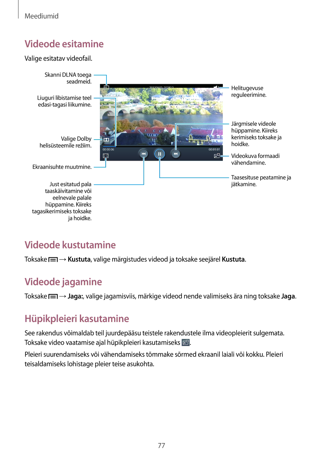 Samsung SM-T3110ZWASEB, SM-T3110MKASEB manual Videode kustutamine, Videode jagamine, Hüpikpleieri kasutamine 