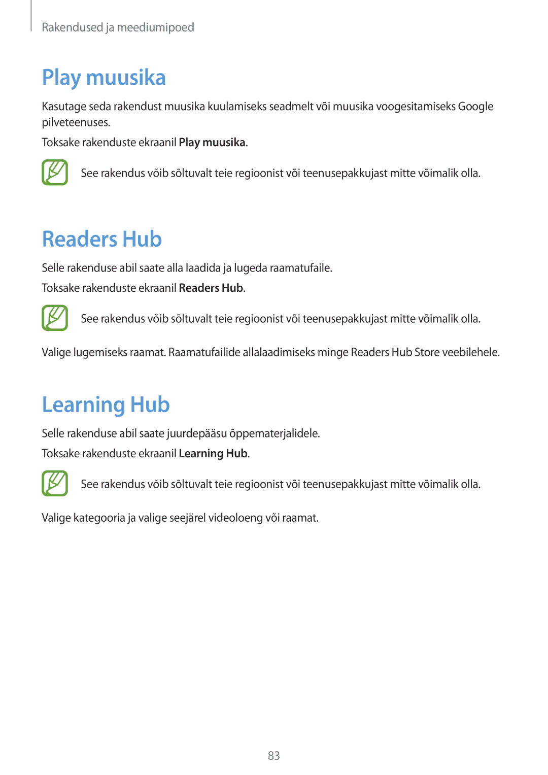 Samsung SM-T3110ZWASEB, SM-T3110MKASEB manual Play muusika, Readers Hub, Learning Hub 