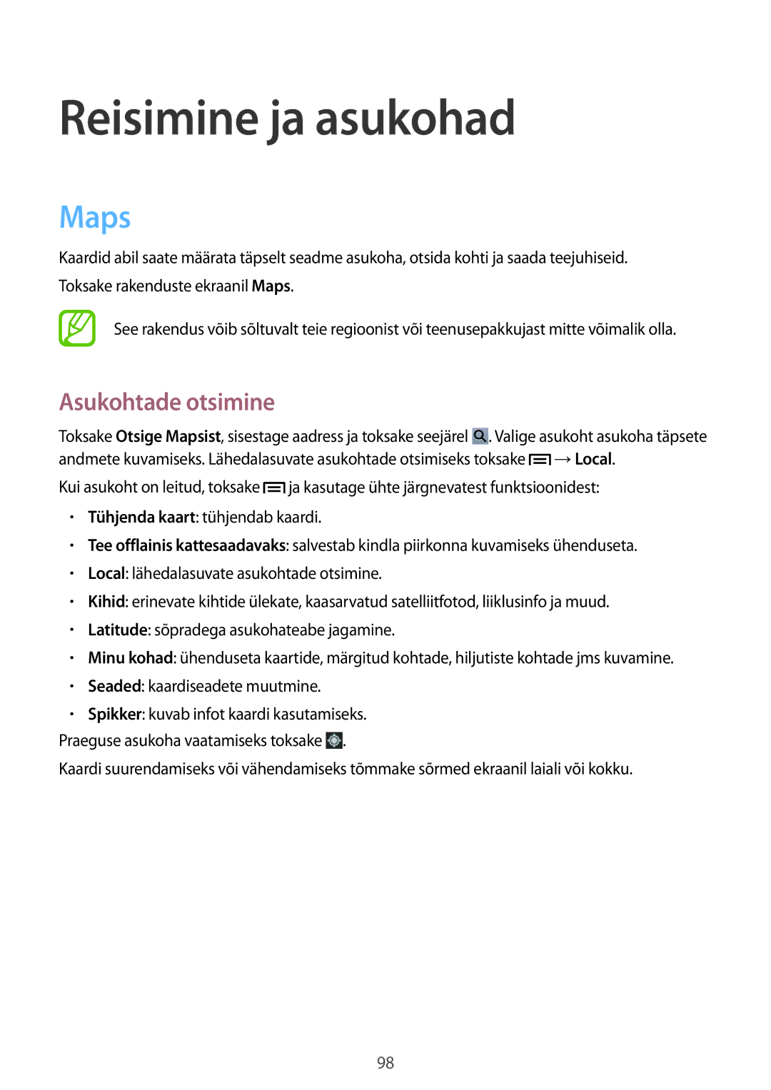 Samsung SM-T3110MKASEB, SM-T3110ZWASEB manual Reisimine ja asukohad, Maps, Asukohtade otsimine 