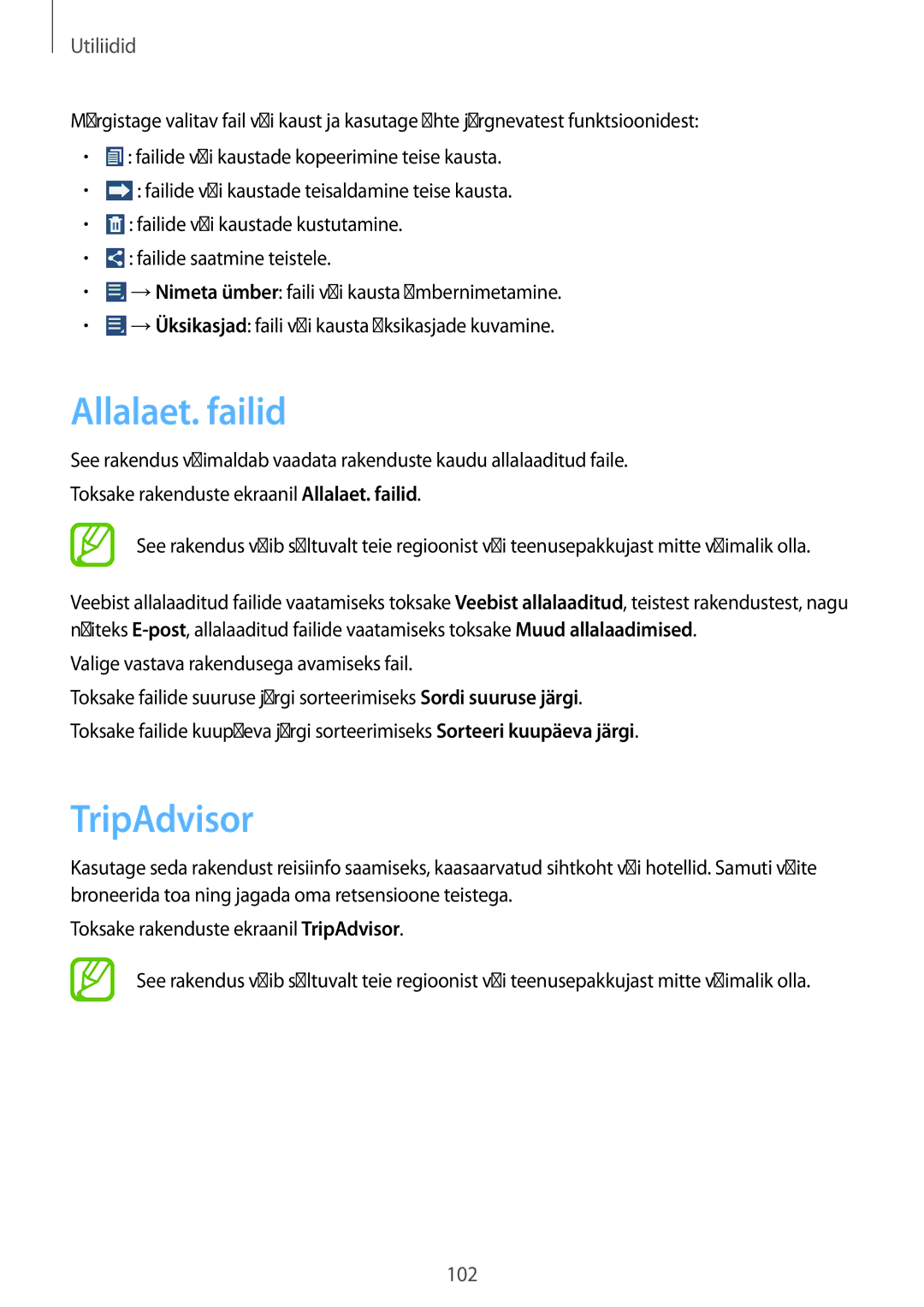 Samsung SM-T3110MKASEB, SM-T3110ZWASEB manual Allalaet. failid, TripAdvisor, Valige vastava rakendusega avamiseks fail 