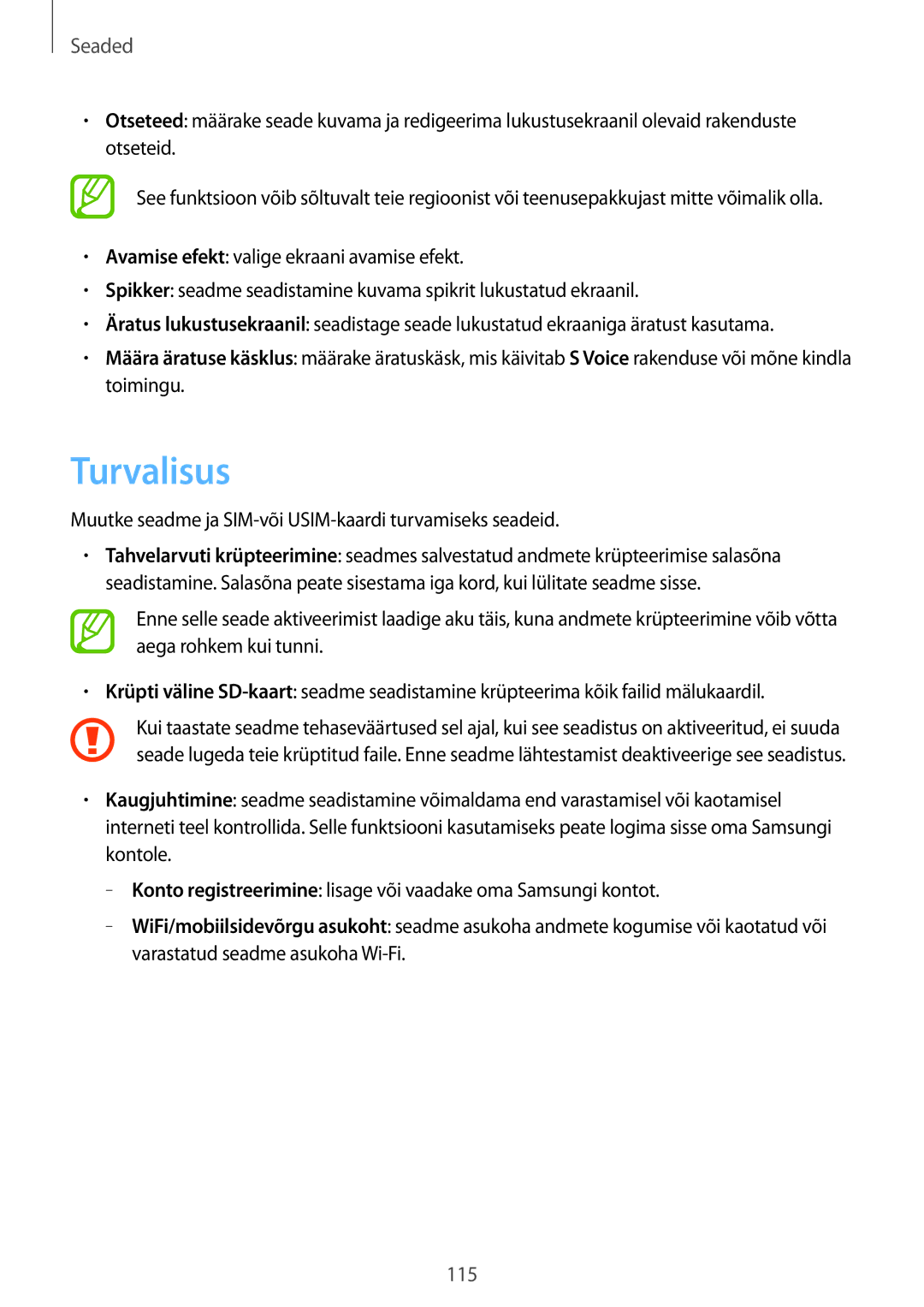 Samsung SM-T3110ZWASEB, SM-T3110MKASEB manual Turvalisus, Muutke seadme ja SIM-või USIM-kaardi turvamiseks seadeid 