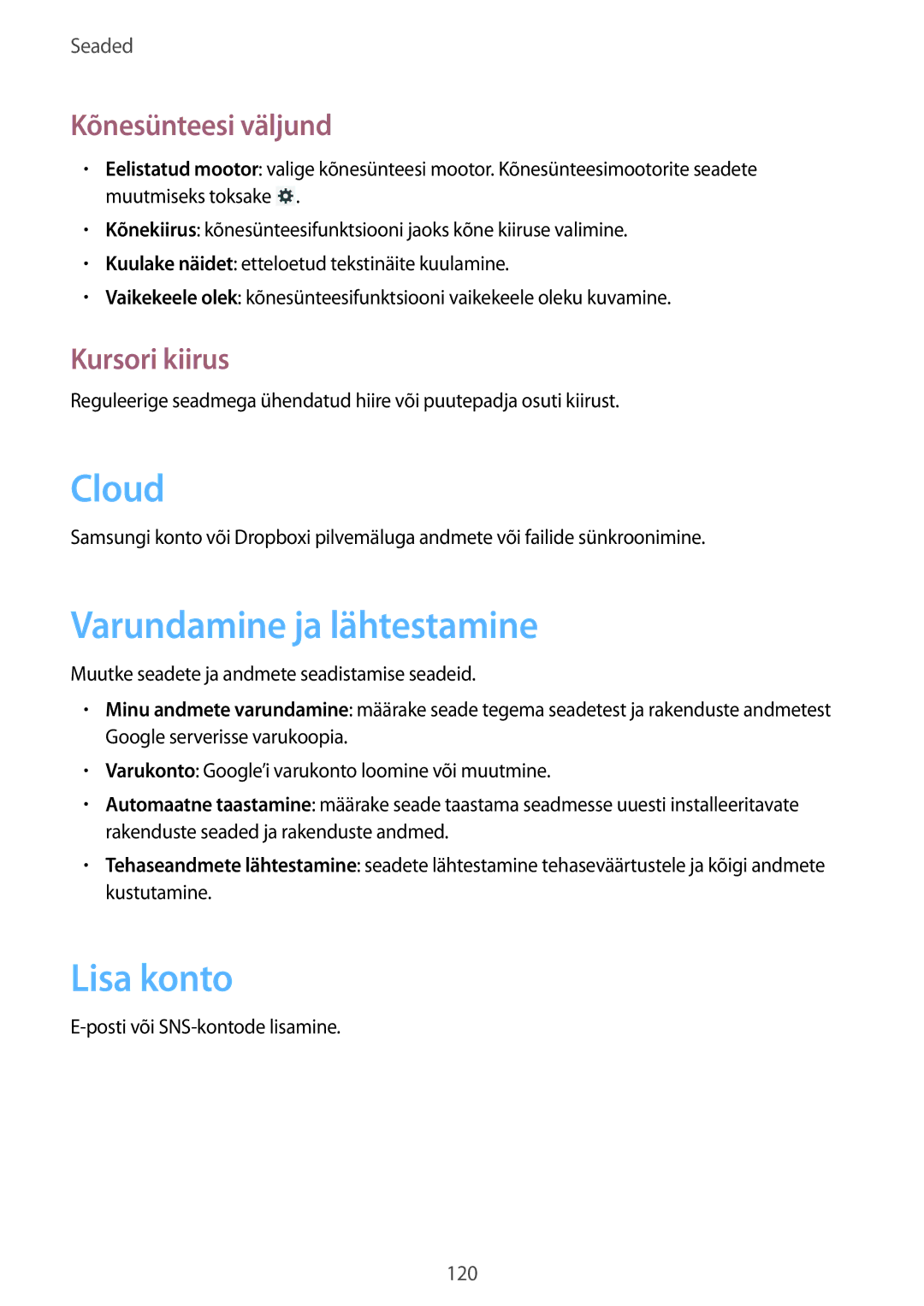 Samsung SM-T3110MKASEB, SM-T3110ZWASEB manual Varundamine ja lähtestamine, Lisa konto, Kõnesünteesi väljund, Kursori kiirus 