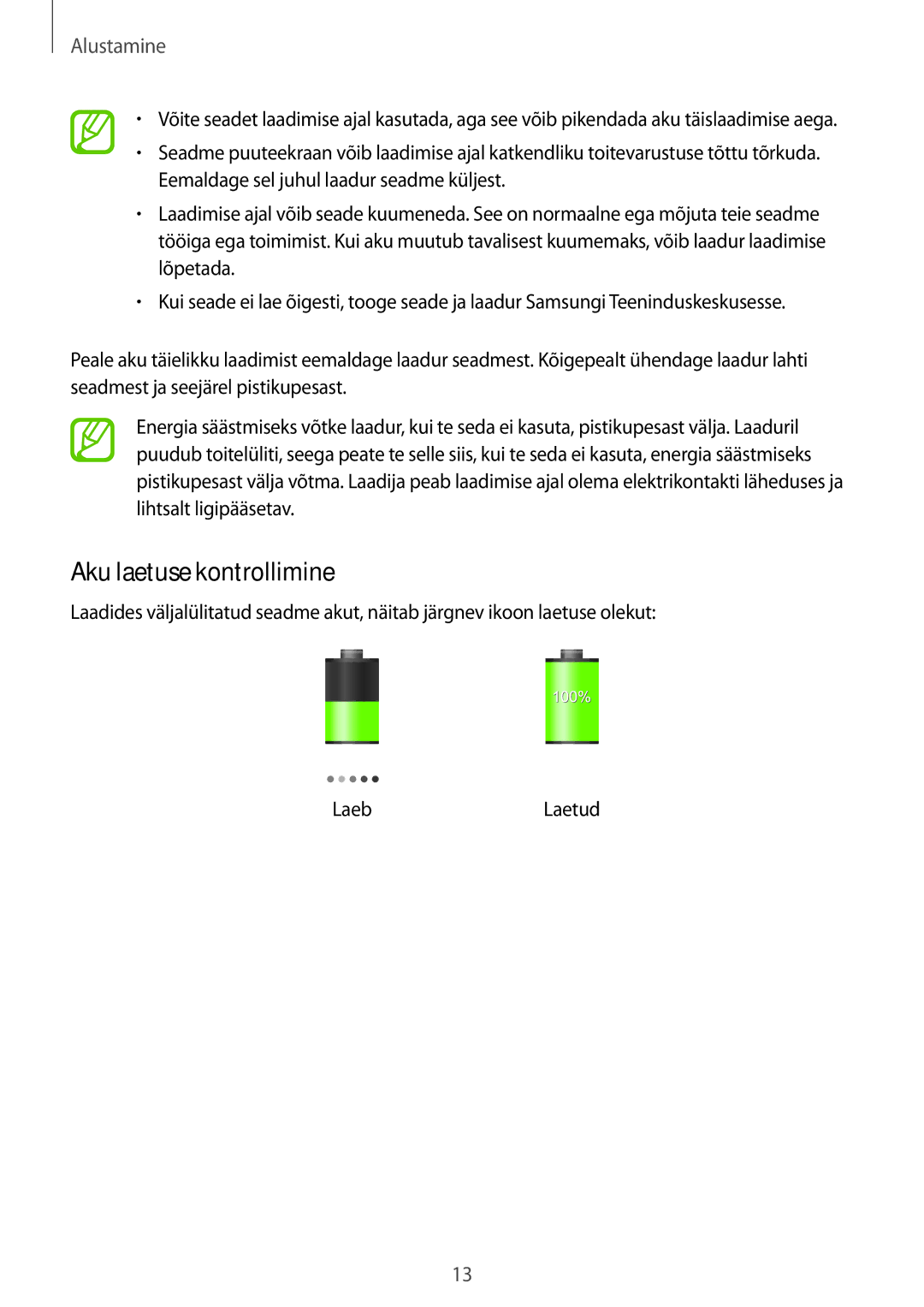 Samsung SM-T3110ZWASEB, SM-T3110MKASEB manual Aku laetuse kontrollimine 