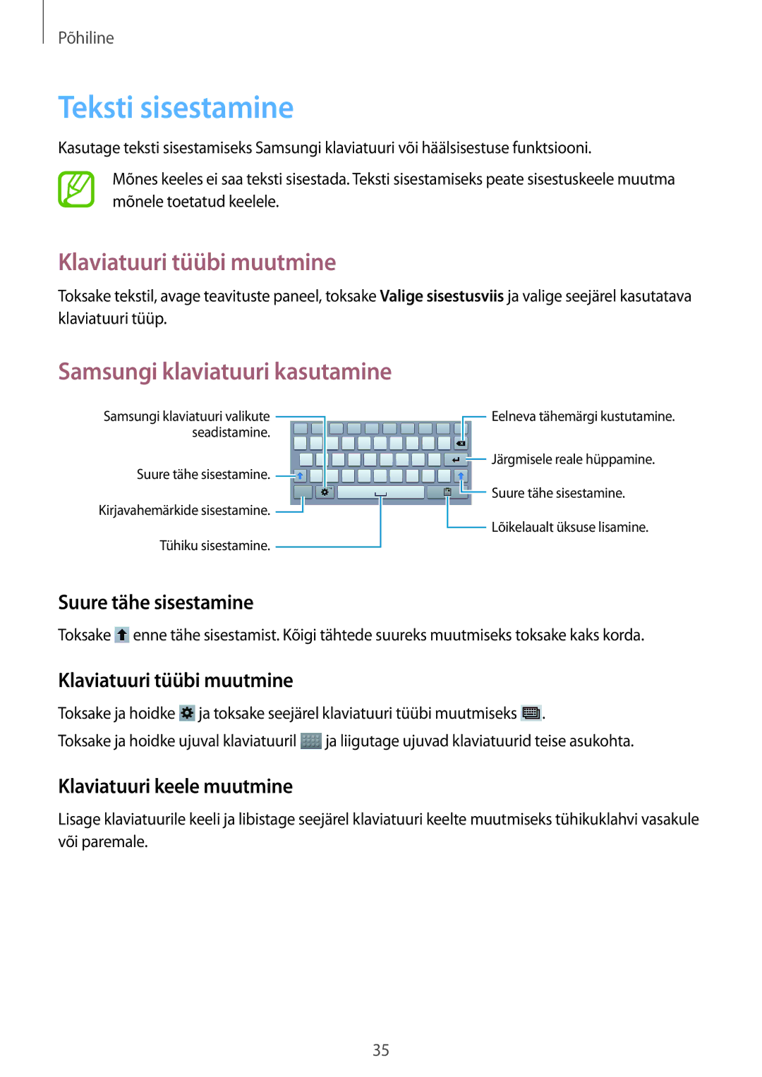 Samsung SM-T3110ZWASEB, SM-T3110MKASEB Teksti sisestamine, Klaviatuuri tüübi muutmine, Samsungi klaviatuuri kasutamine 